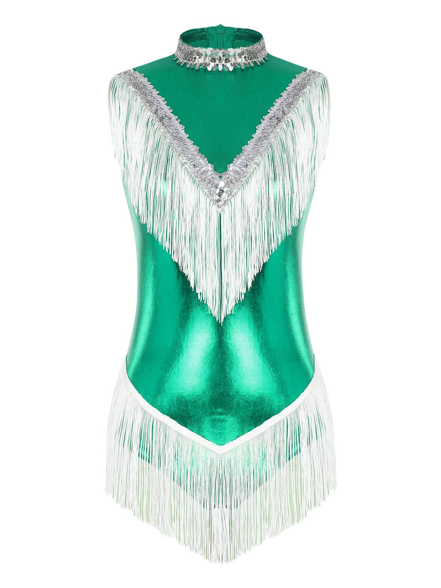 Women Sleeveless Sequins Tassel Latin Dance Leotard