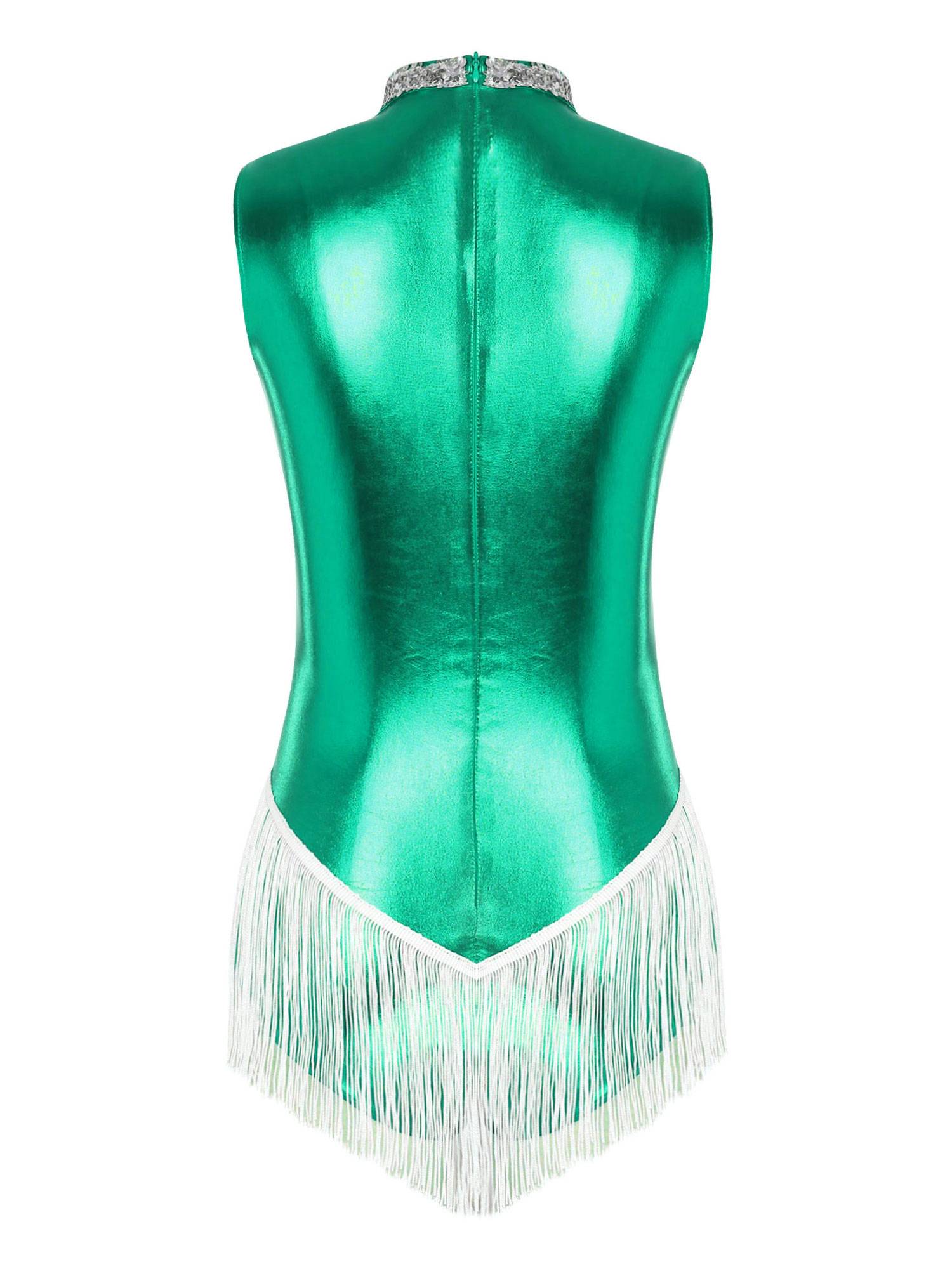 Women Sleeveless Sequins Tassel Latin Dance Leotard