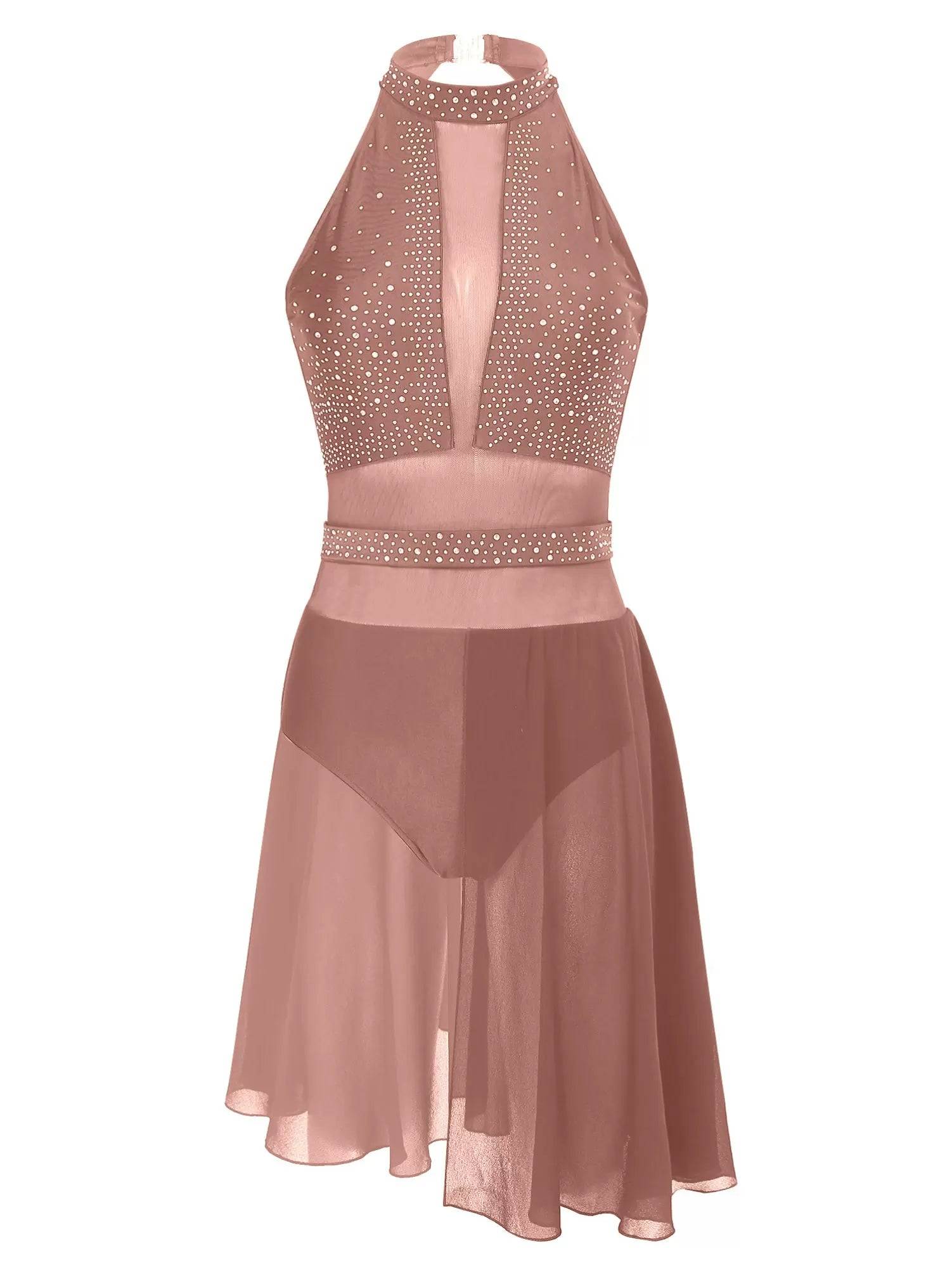 Women Sleeveless Halter Collar Backless Lyrical Dance Leotard Dress