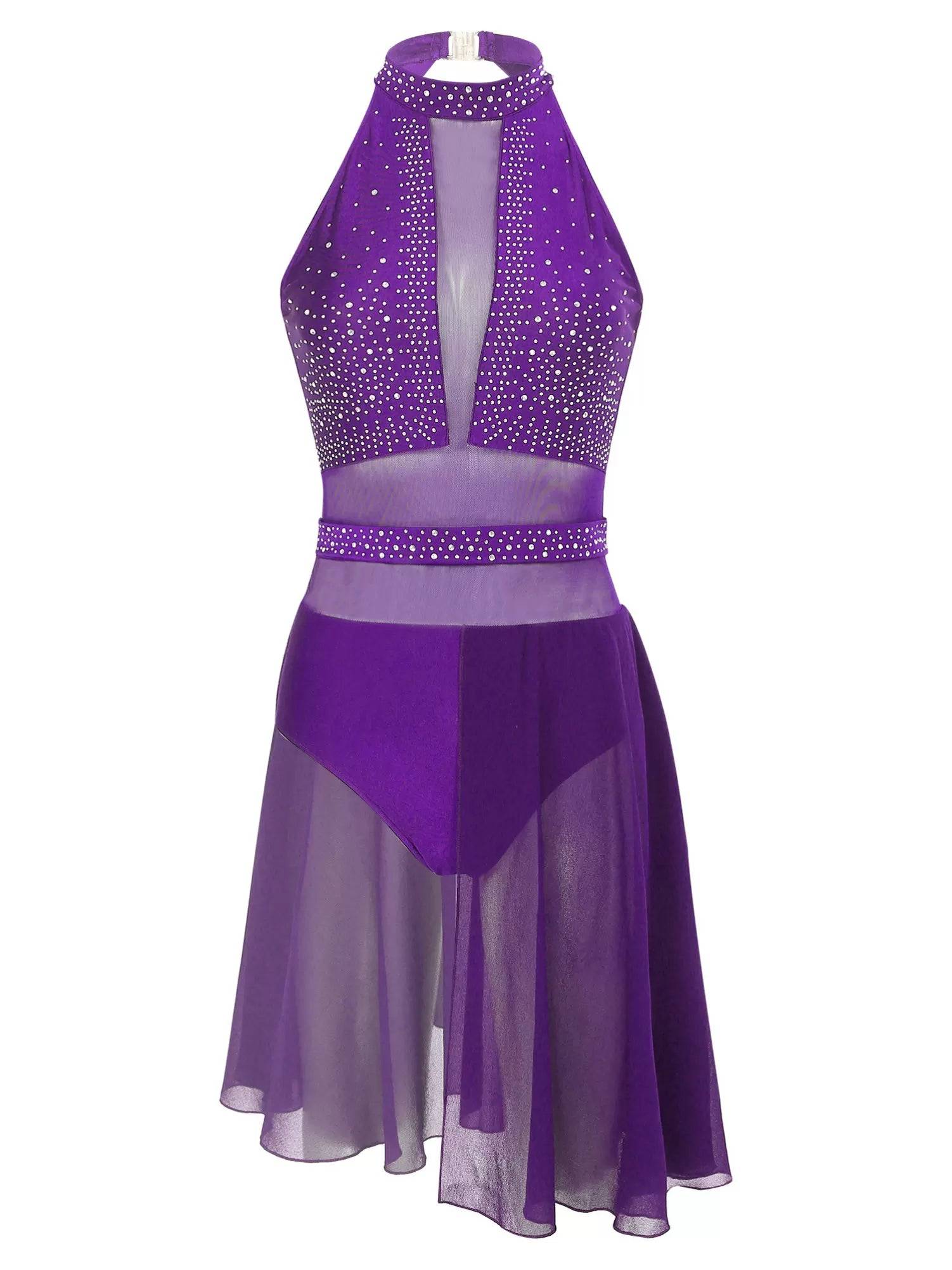 Women Sleeveless Halter Collar Backless Lyrical Dance Leotard Dress