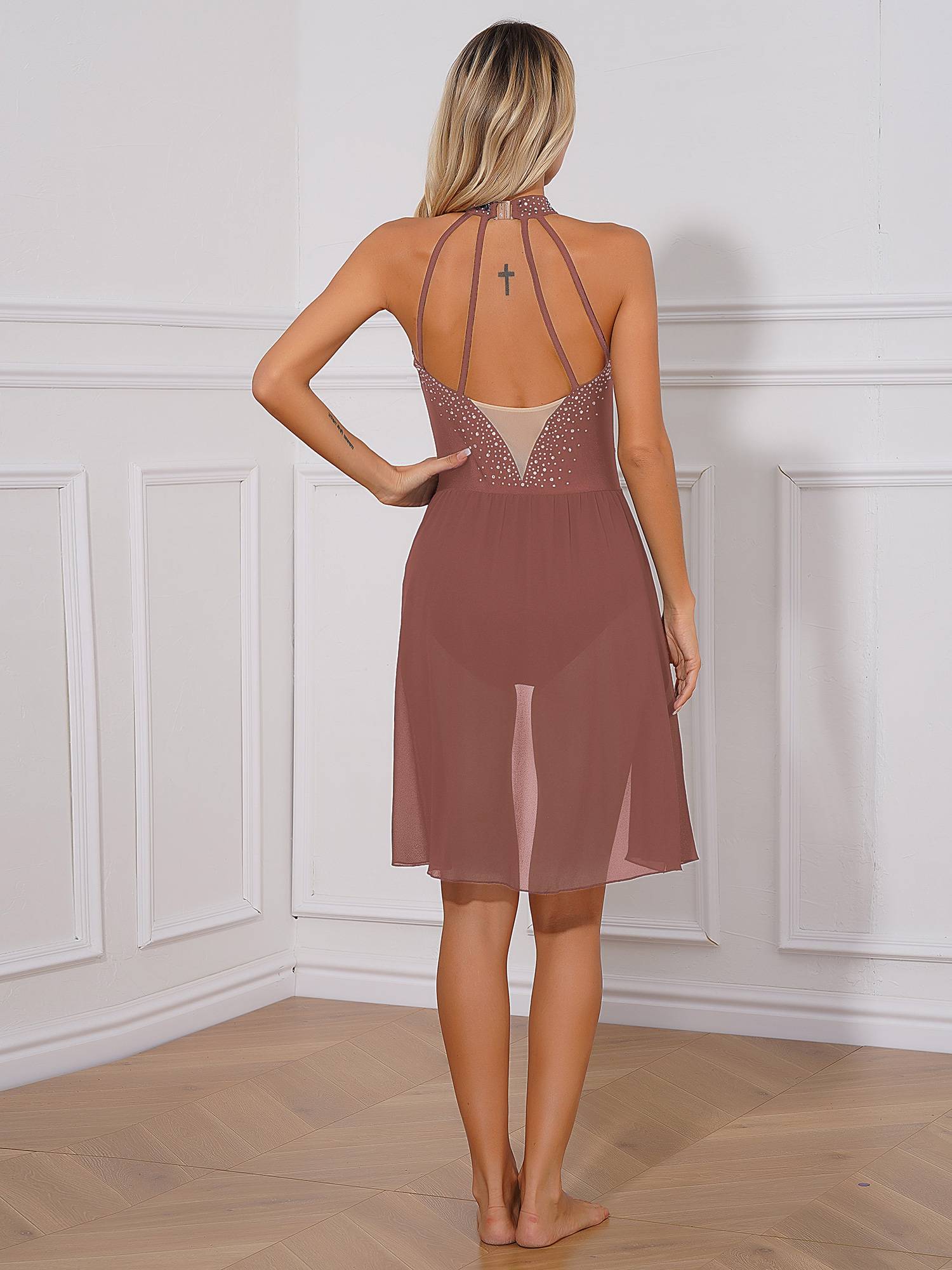 Women Glittery Rhinestone Backless Lyrical Dance Leotard Dress