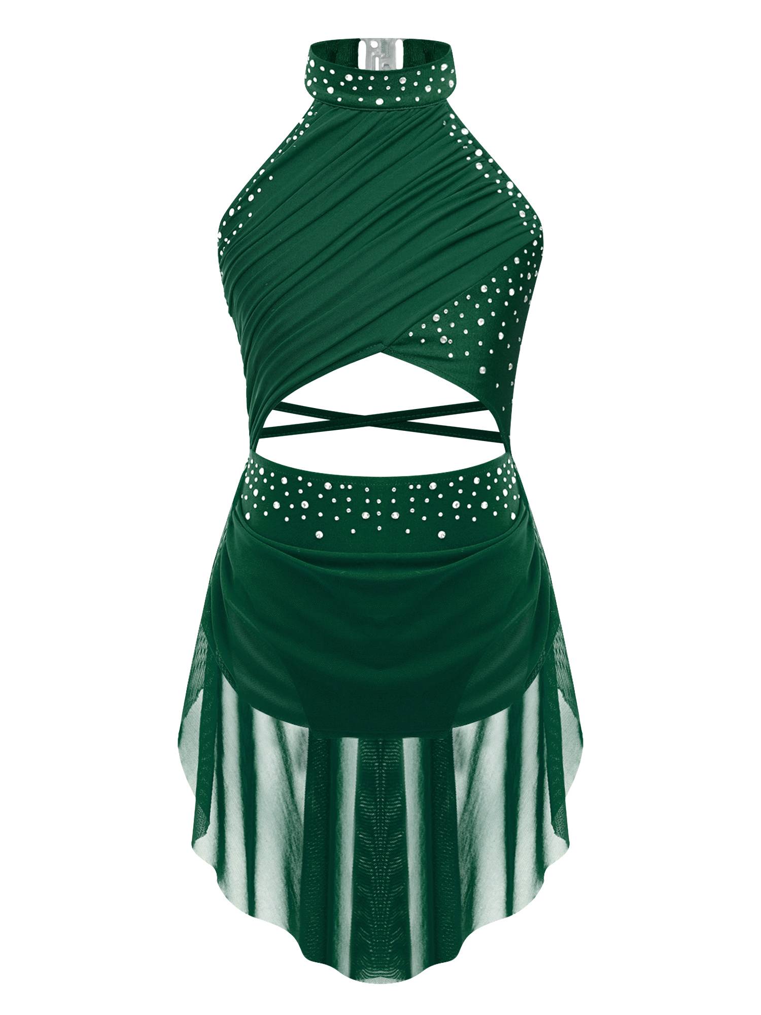 Kids Girls Rhinestone Backless Lyrical Dance Leotard Dress