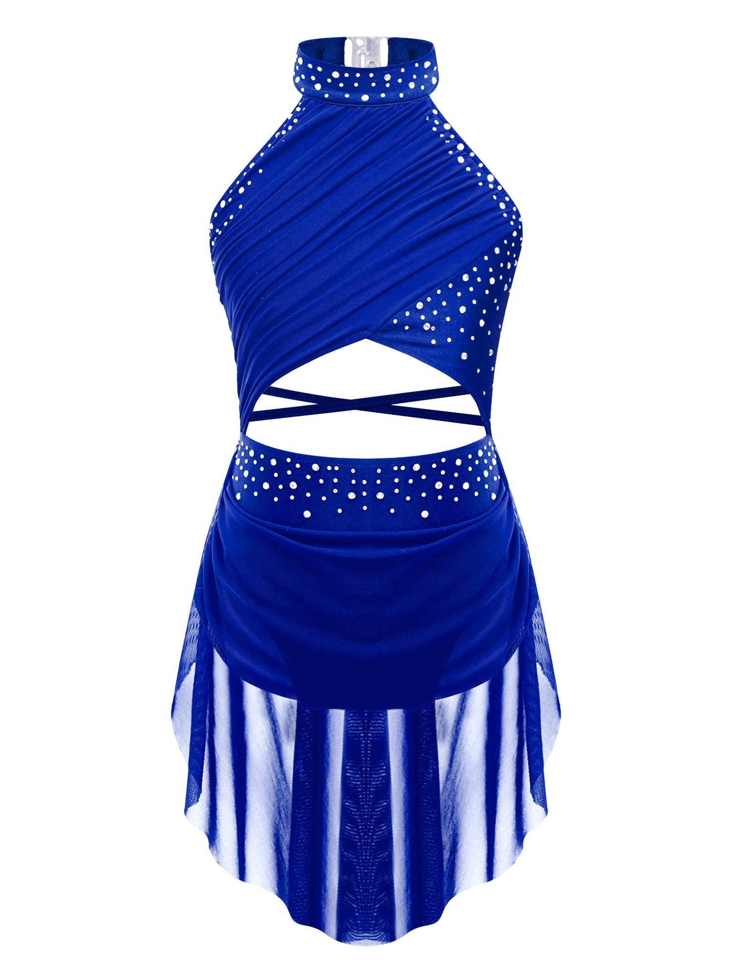 Kids Girls Rhinestone Backless Lyrical Dance Leotard Dress