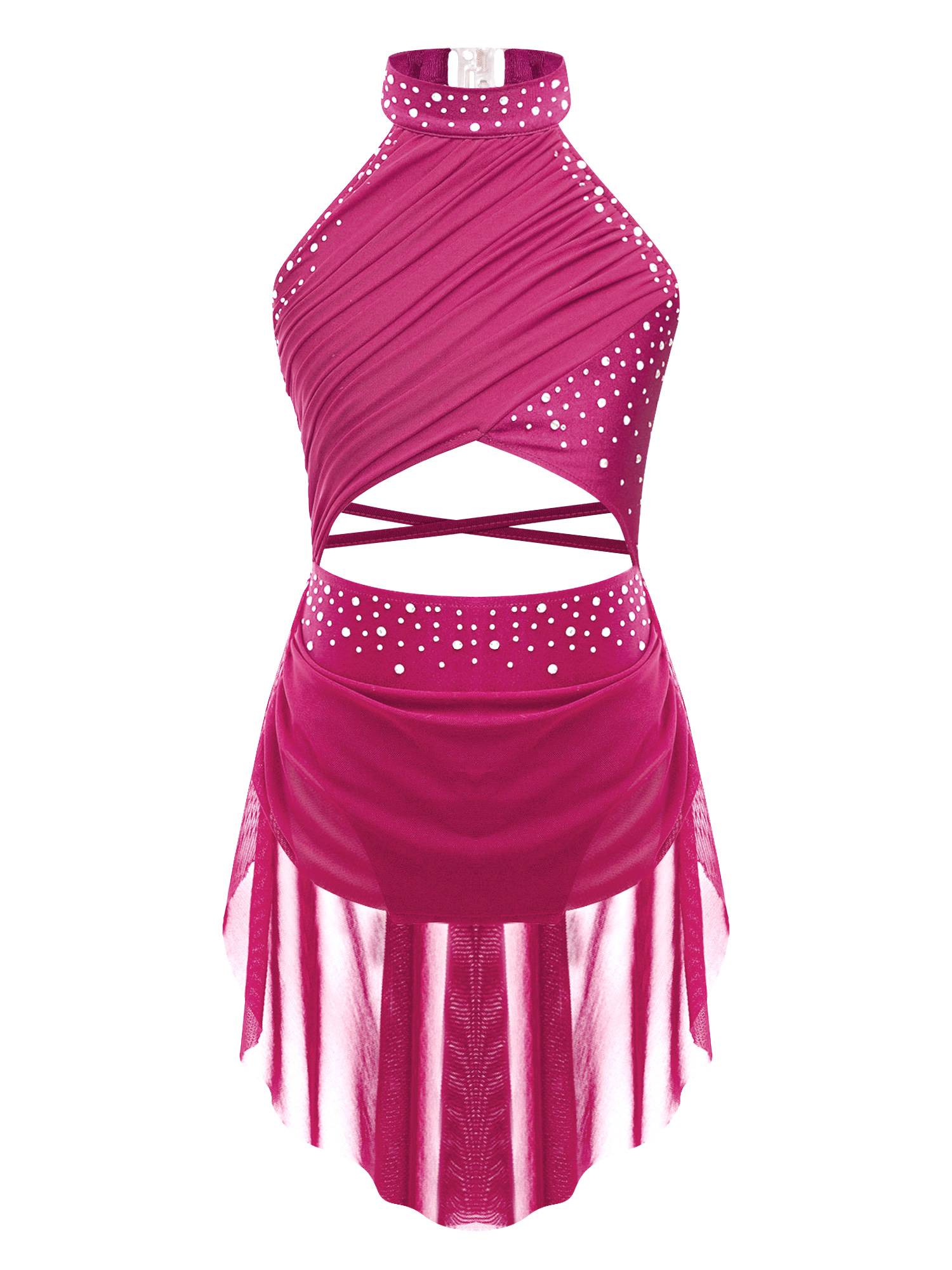 Kids Girls Rhinestone Backless Lyrical Dance Leotard Dress