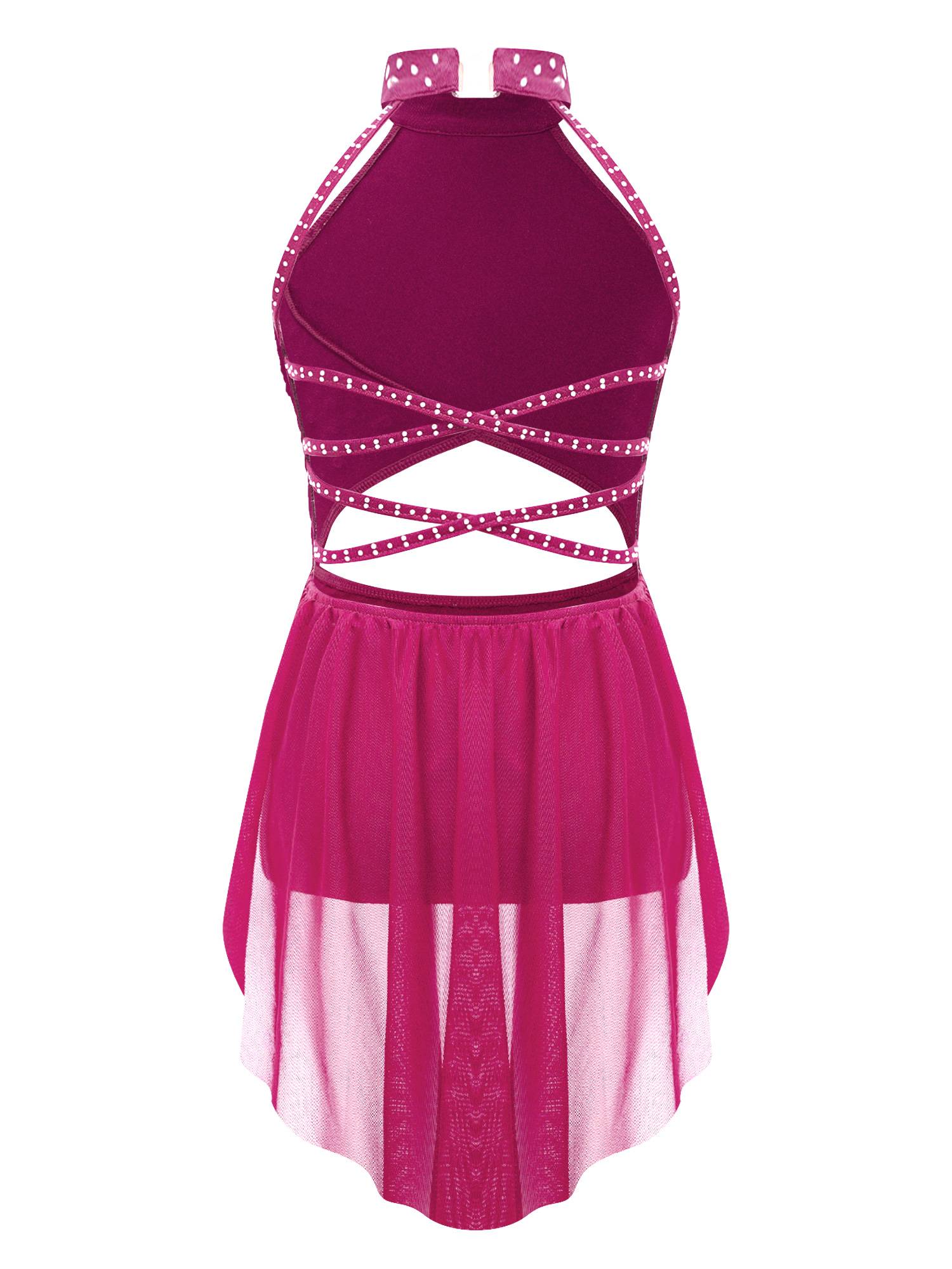 Kids Girls Rhinestone Backless Lyrical Dance Leotard Dress