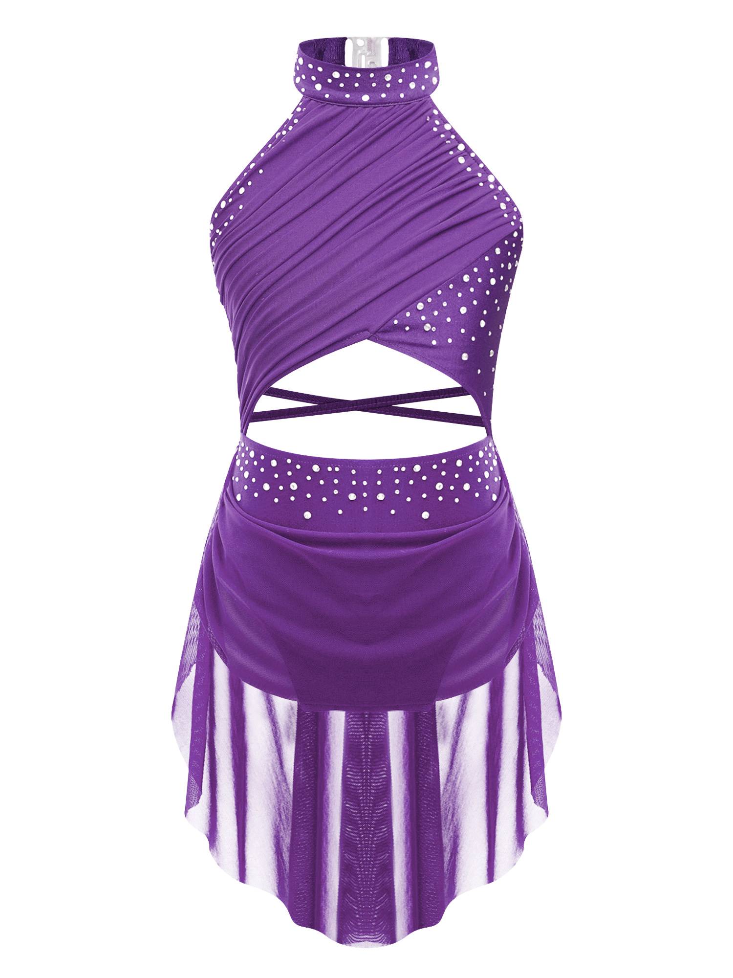 Kids Girls Rhinestone Backless Lyrical Dance Leotard Dress