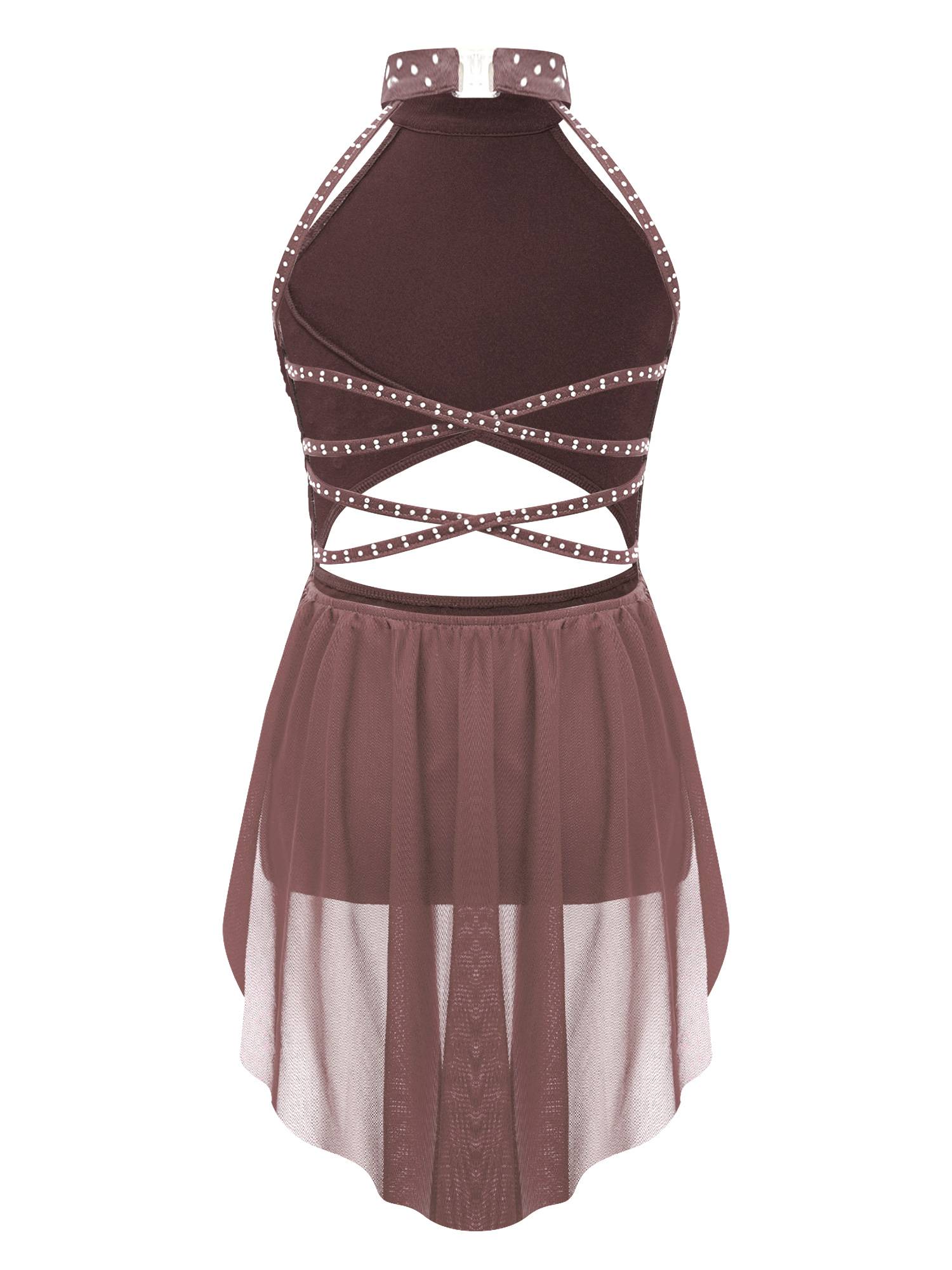 Kids Girls Rhinestone Backless Lyrical Dance Leotard Dress