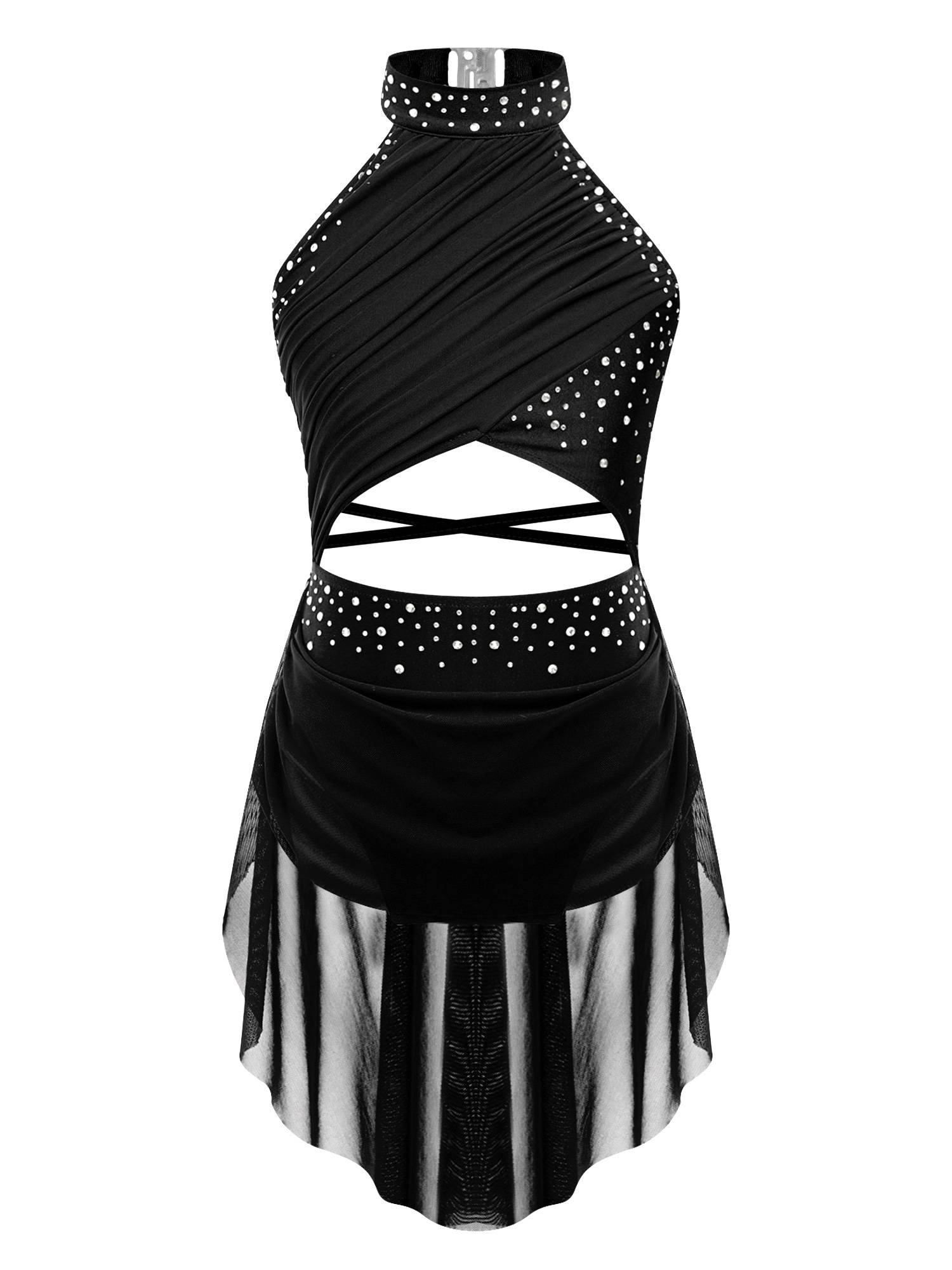 Kids Girls Rhinestone Backless Lyrical Dance Leotard Dress