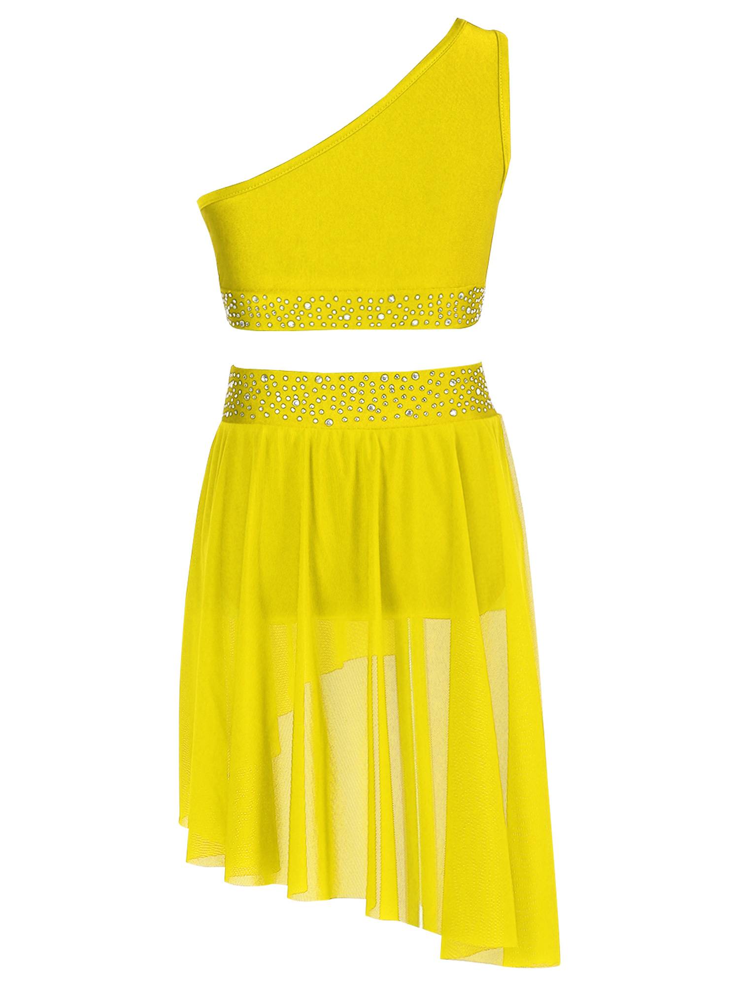 Kids Girls Rhinestone One Shoulder Crop Top and Skirt Lyrical Dance Set