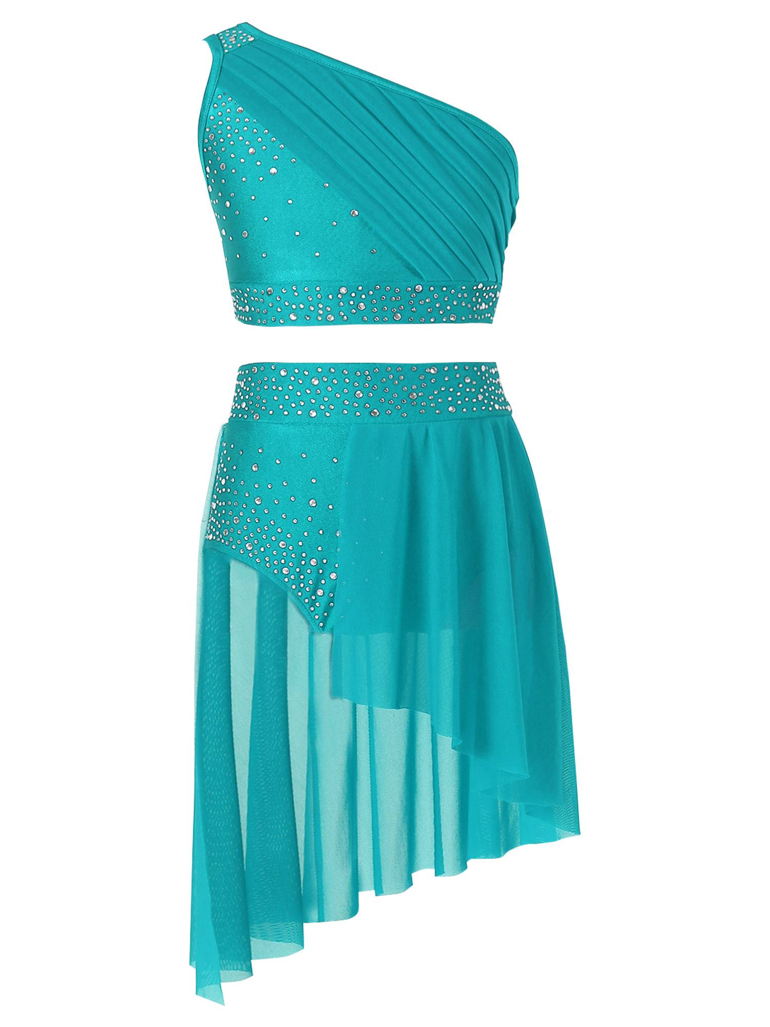 Kids Girls Rhinestone One Shoulder Crop Top and Skirt Lyrical Dance Set