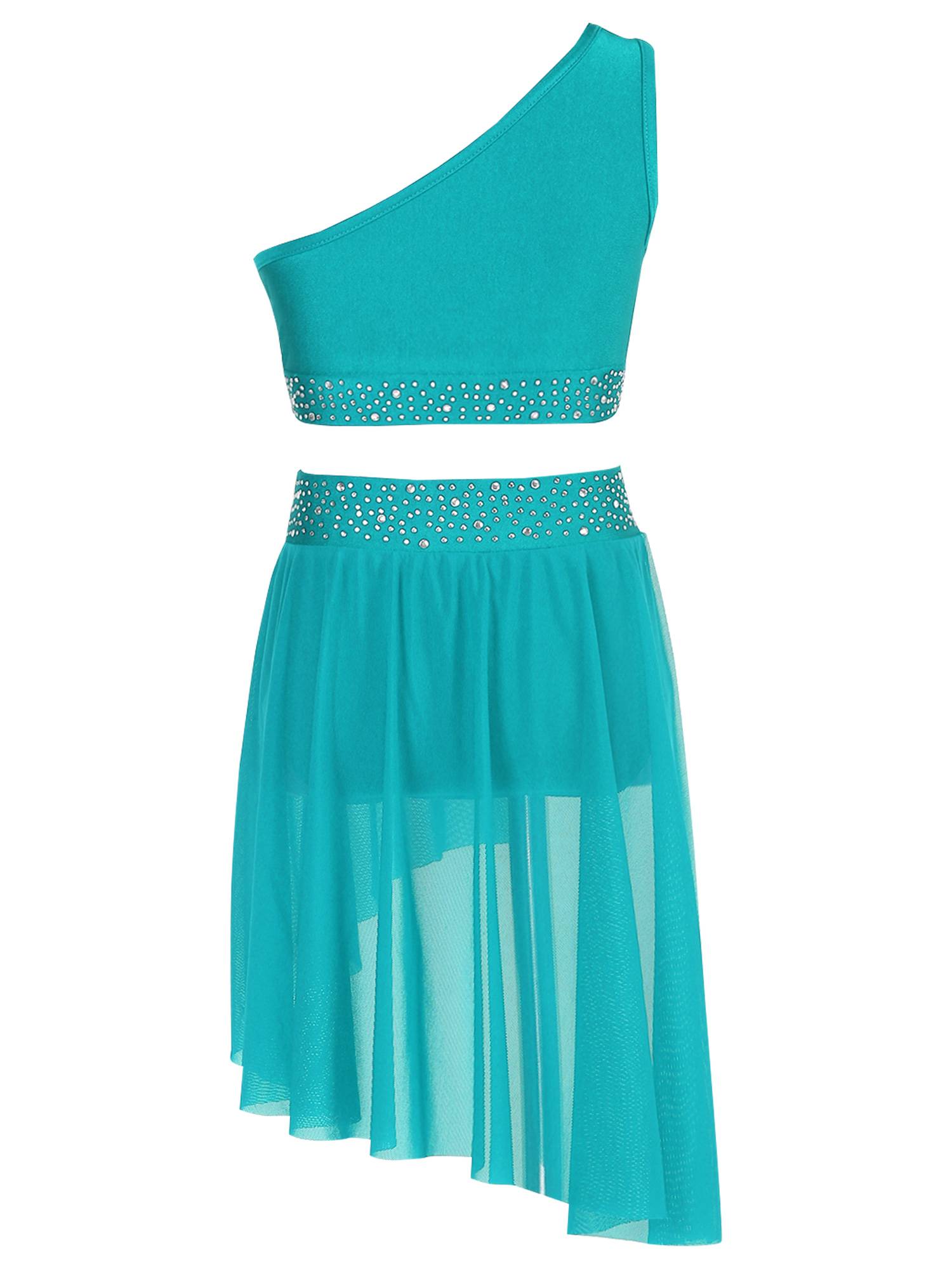 Kids Girls Rhinestone One Shoulder Crop Top and Skirt Lyrical Dance Set