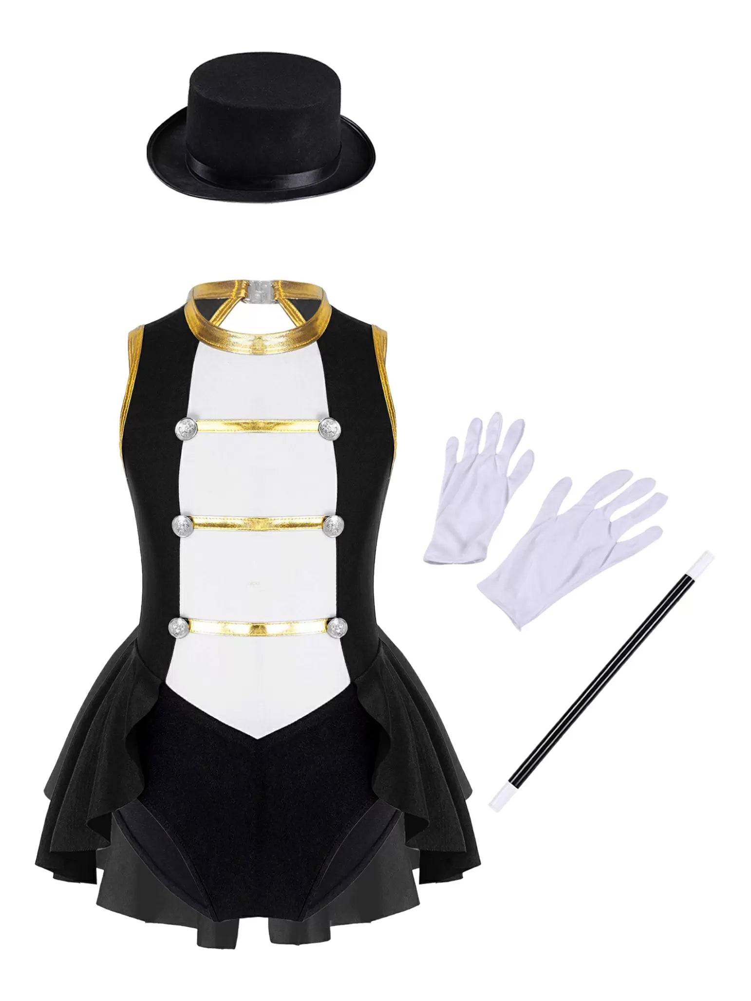 Kids Girls Sleeveless Magician Costume Leotard with Hat Set