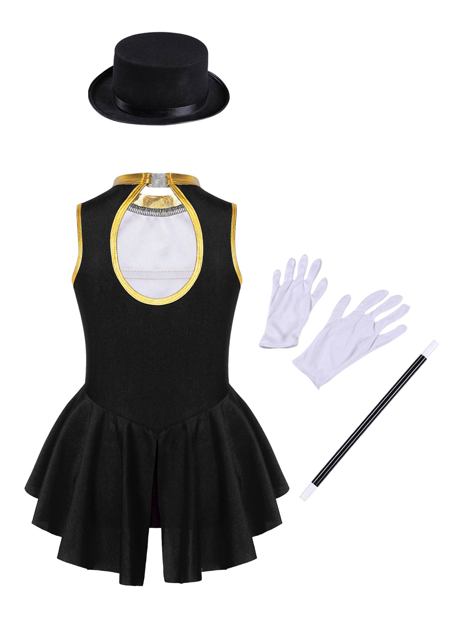 Kids Girls Sleeveless Magician Costume Leotard with Hat Set