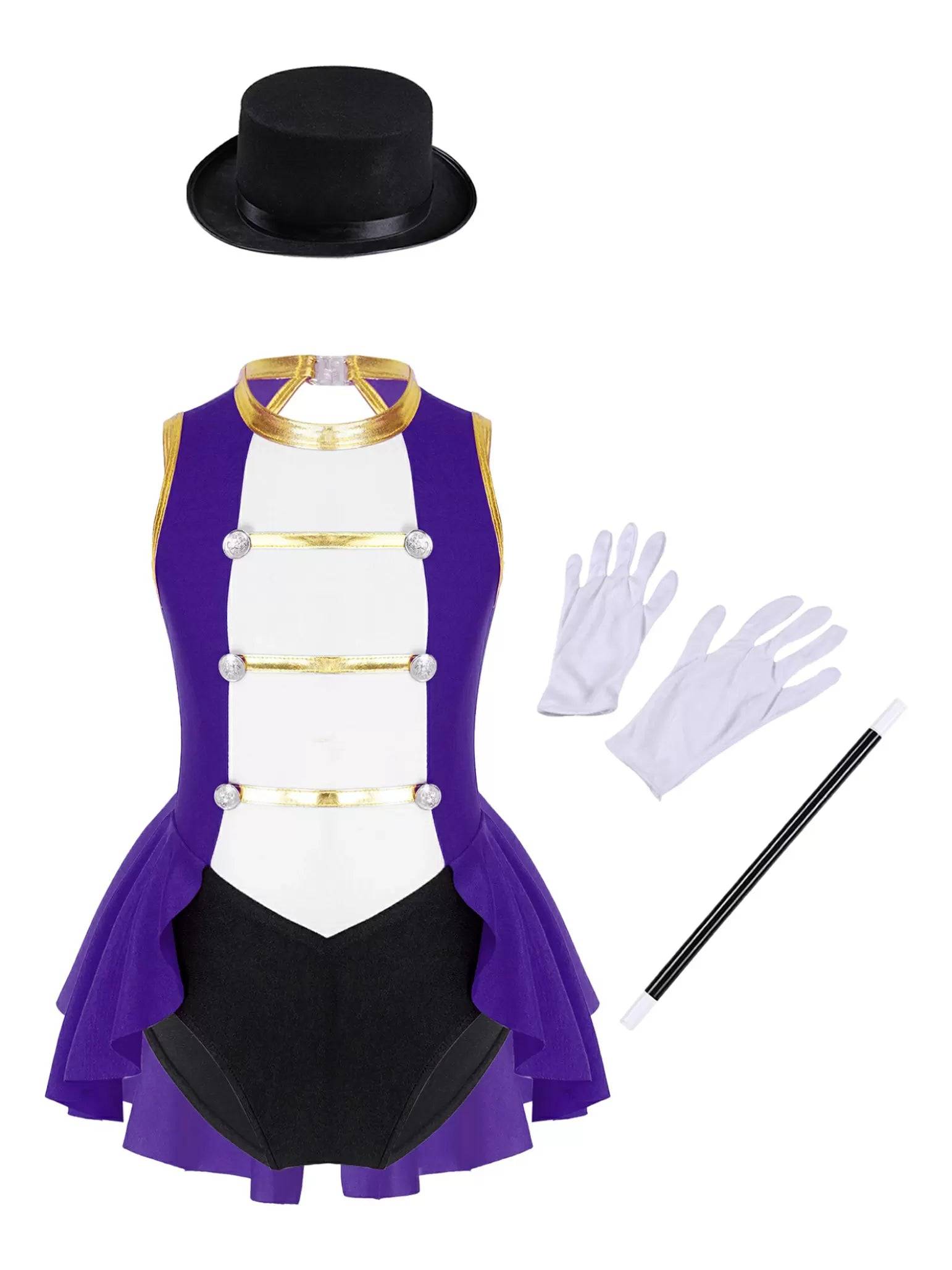 Kids Girls Sleeveless Magician Costume Leotard with Hat Set