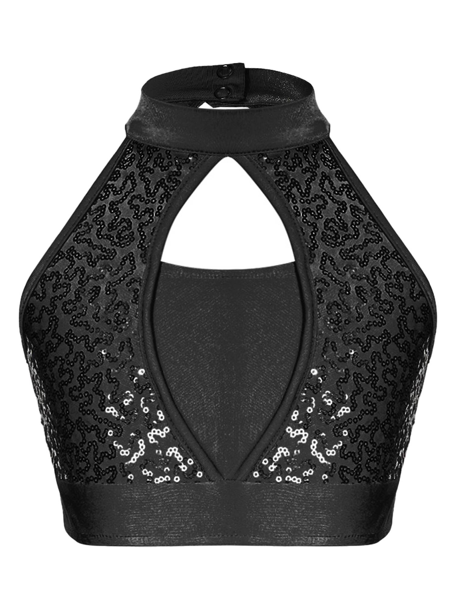 Kids Girls Two-Piece Dance Performance Outfits Hollow Front Keyhole Back Sequin