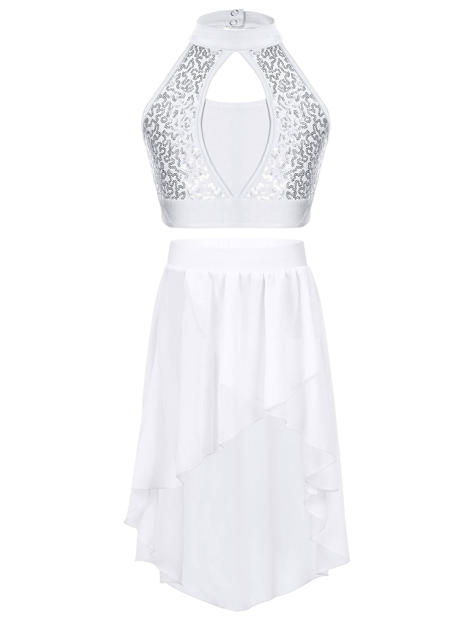 Kids Girls Two-Piece Dance Performance Outfits Hollow Front Keyhole Back Sequin