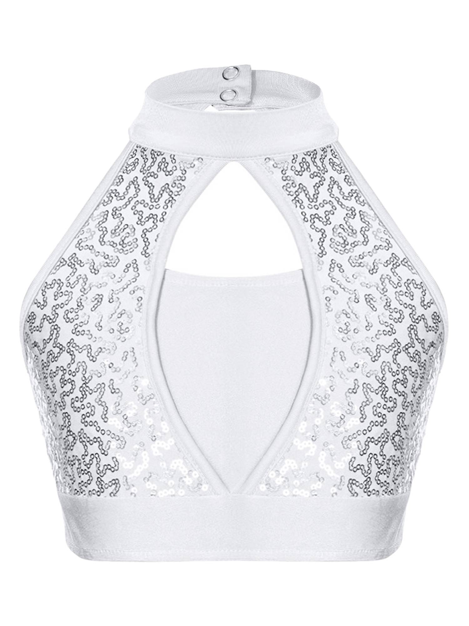 Kids Girls Two-Piece Dance Performance Outfits Hollow Front Keyhole Back Sequin