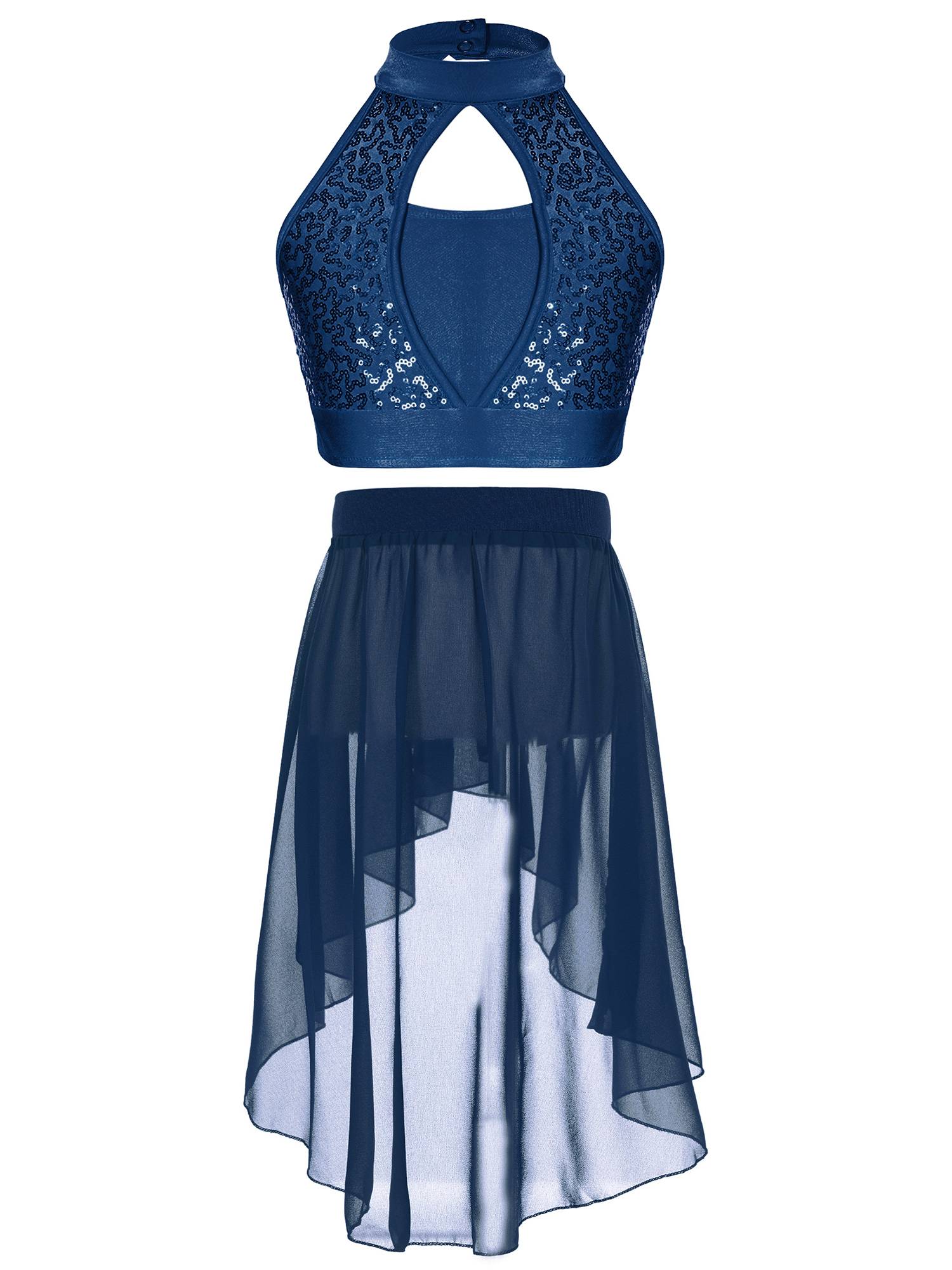 Kids Girls Two-Piece Dance Performance Outfits Hollow Front Keyhole Back Sequin