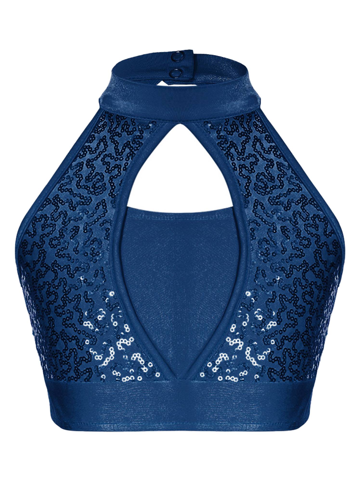 Kids Girls Two-Piece Dance Performance Outfits Hollow Front Keyhole Back Sequin