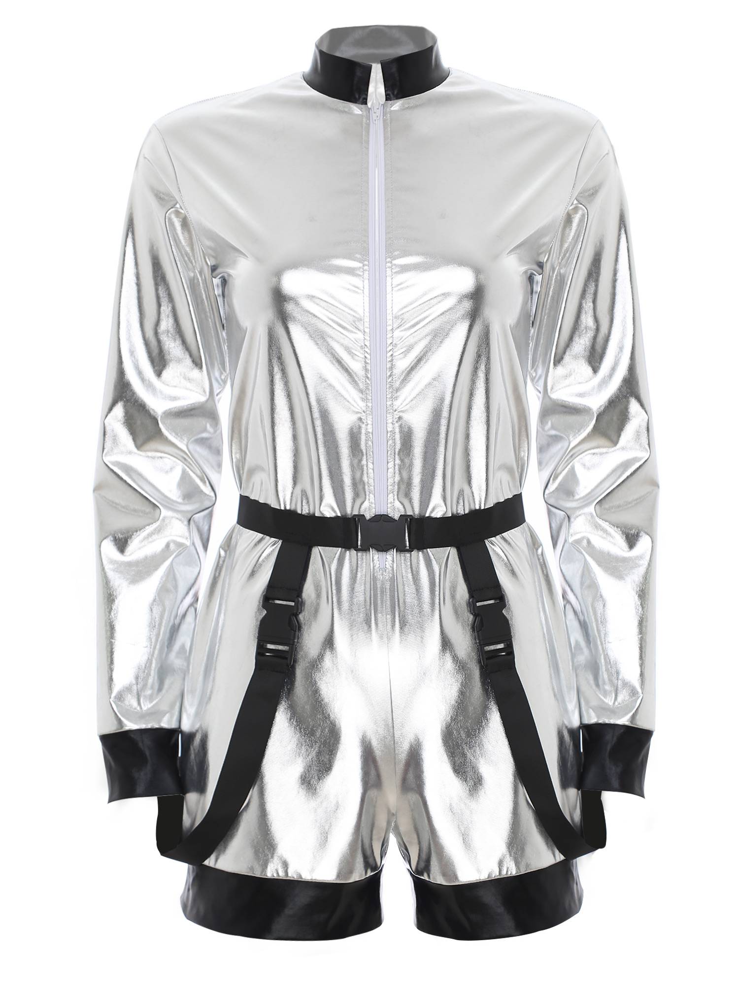 Women Metallic Astronaut Jumpsuit with Waist Belt for Halloween Christmas