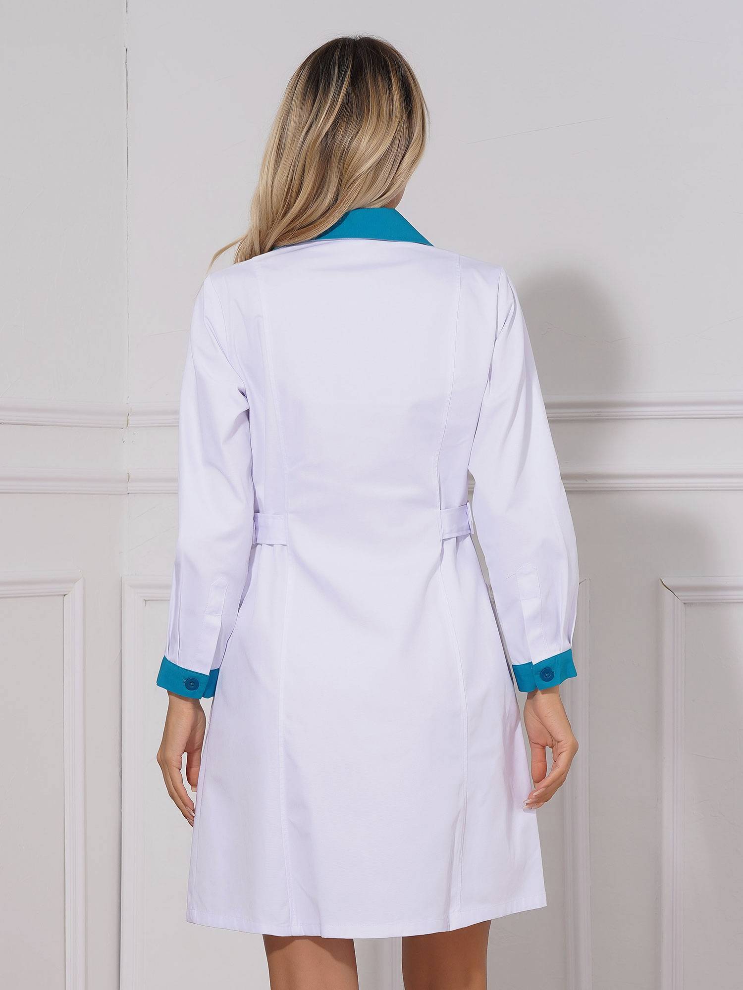 Women Long Sleeve Notch Lapel Front Buttons Nurse Pharmacist Costume Coat