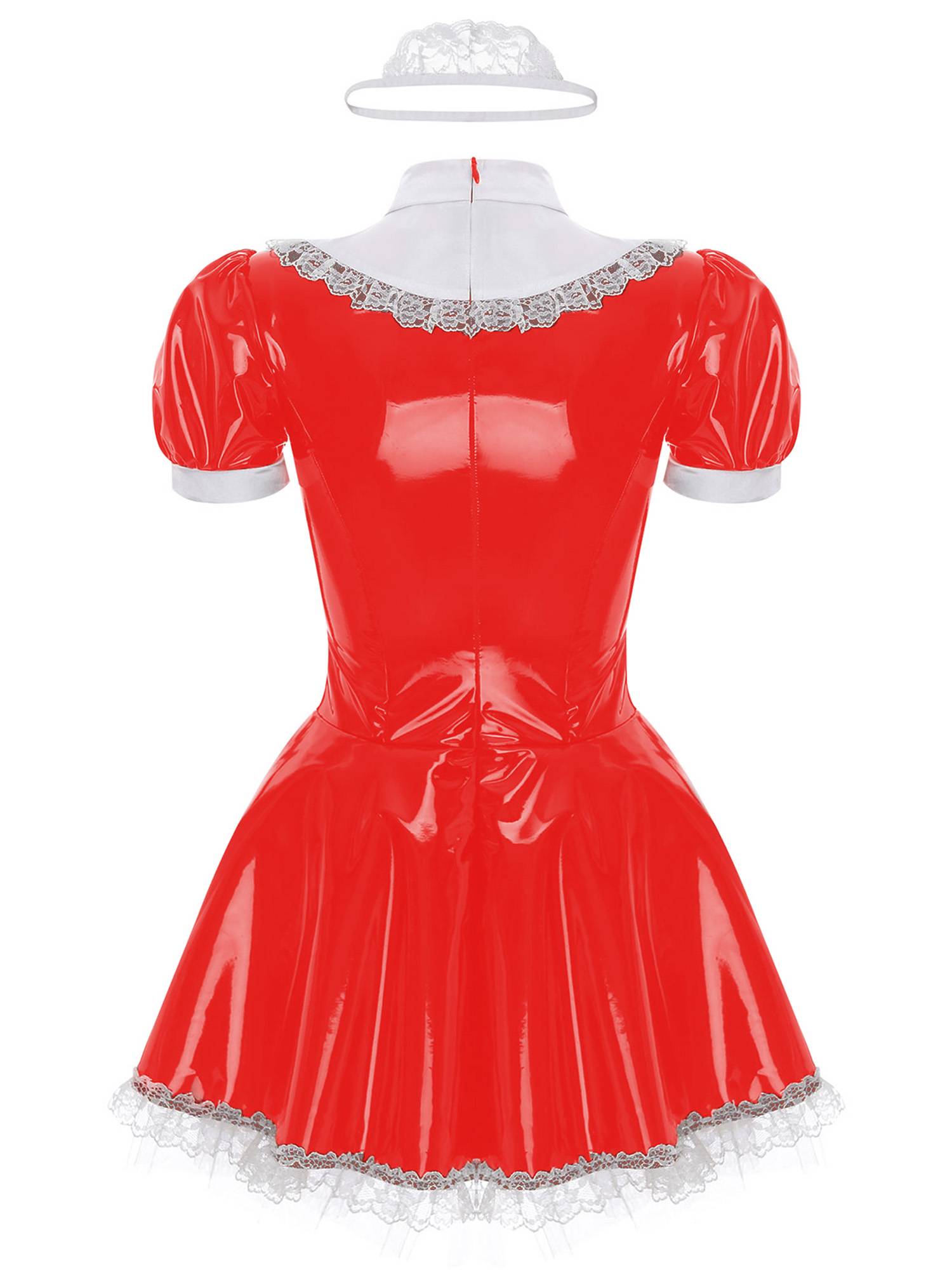 Women A-line Short Sleeve Glossy Patent Leather Maid Dress with Headband