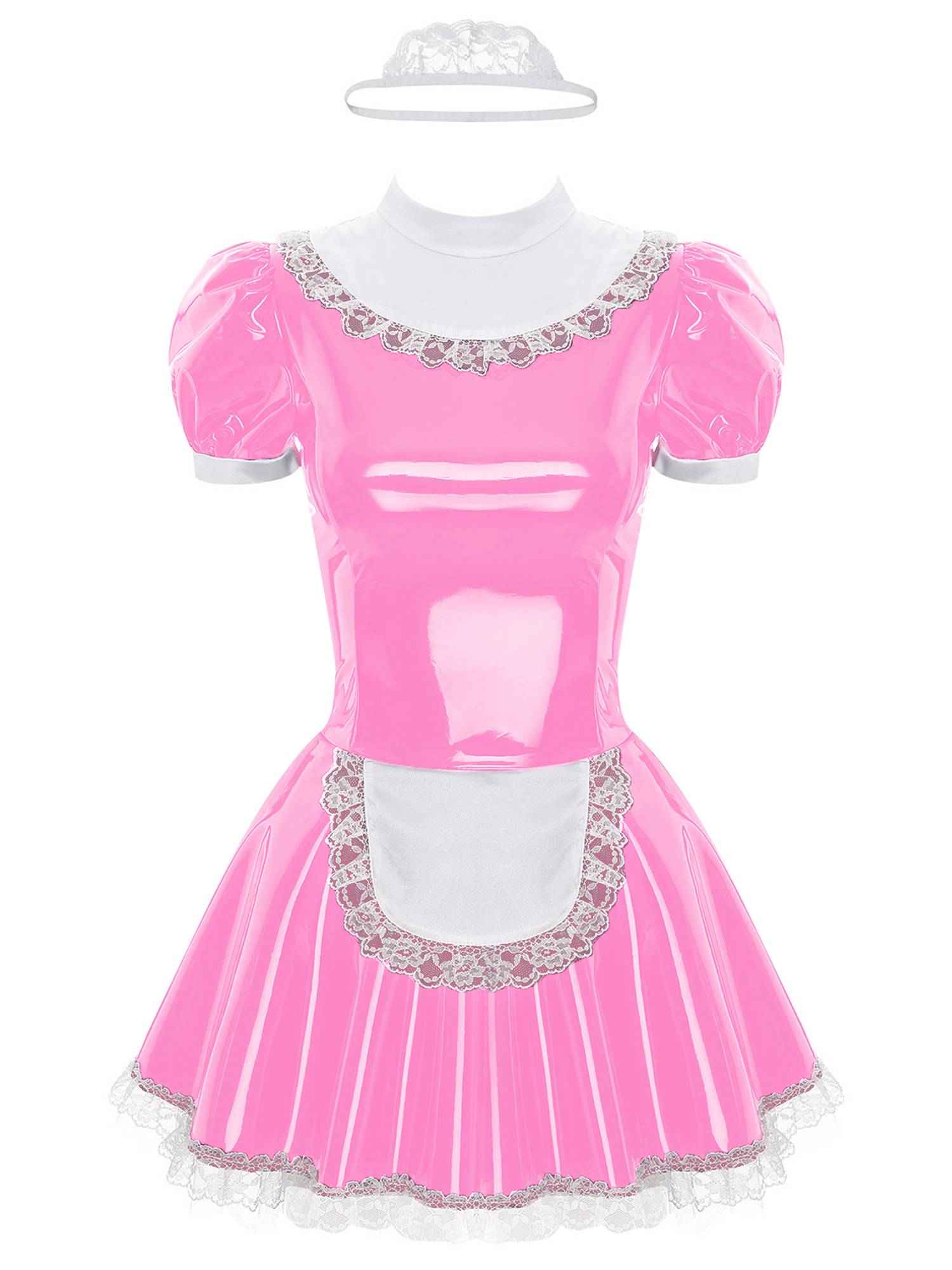 Women A-line Short Sleeve Glossy Patent Leather Maid Dress with Headband