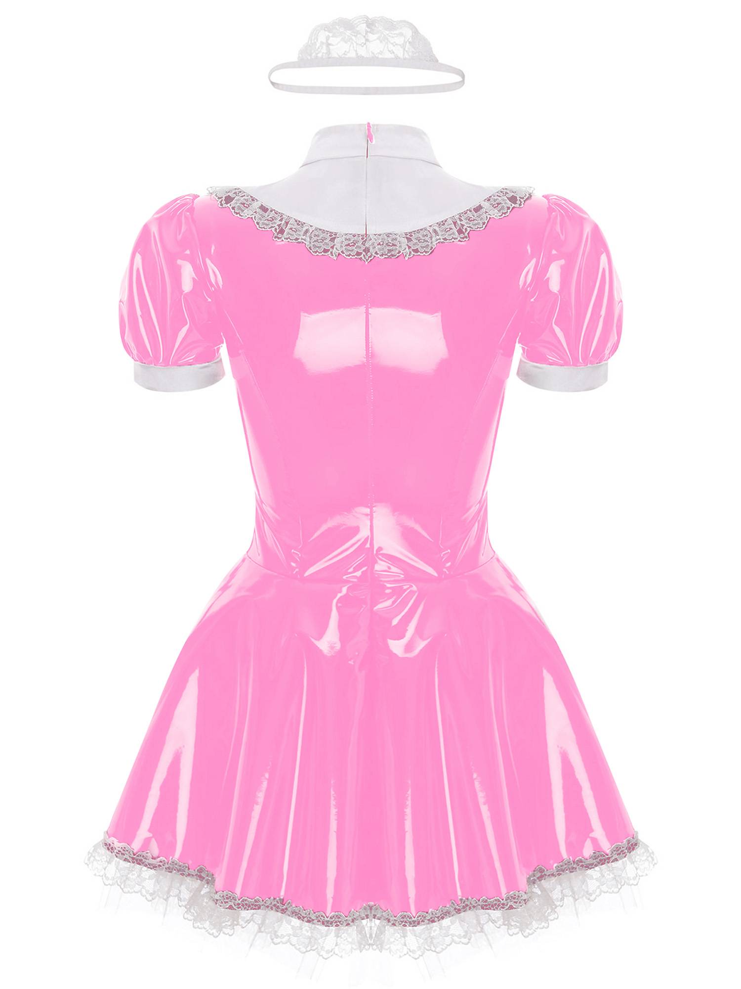 Women A-line Short Sleeve Glossy Patent Leather Maid Dress with Headband