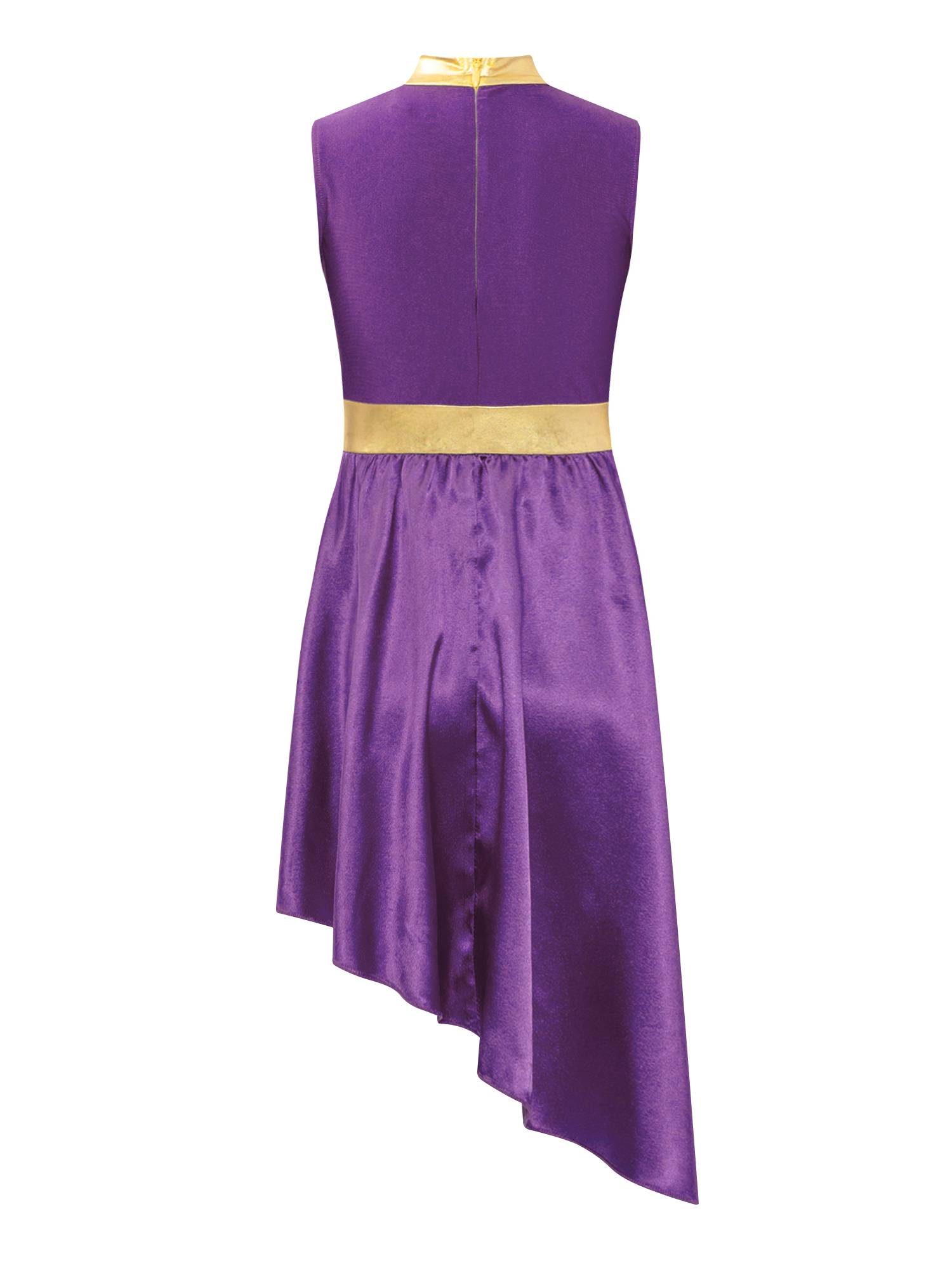 Kids Girls Sleeveless Satin Flowy Asymmetrical Praise Dance Dress