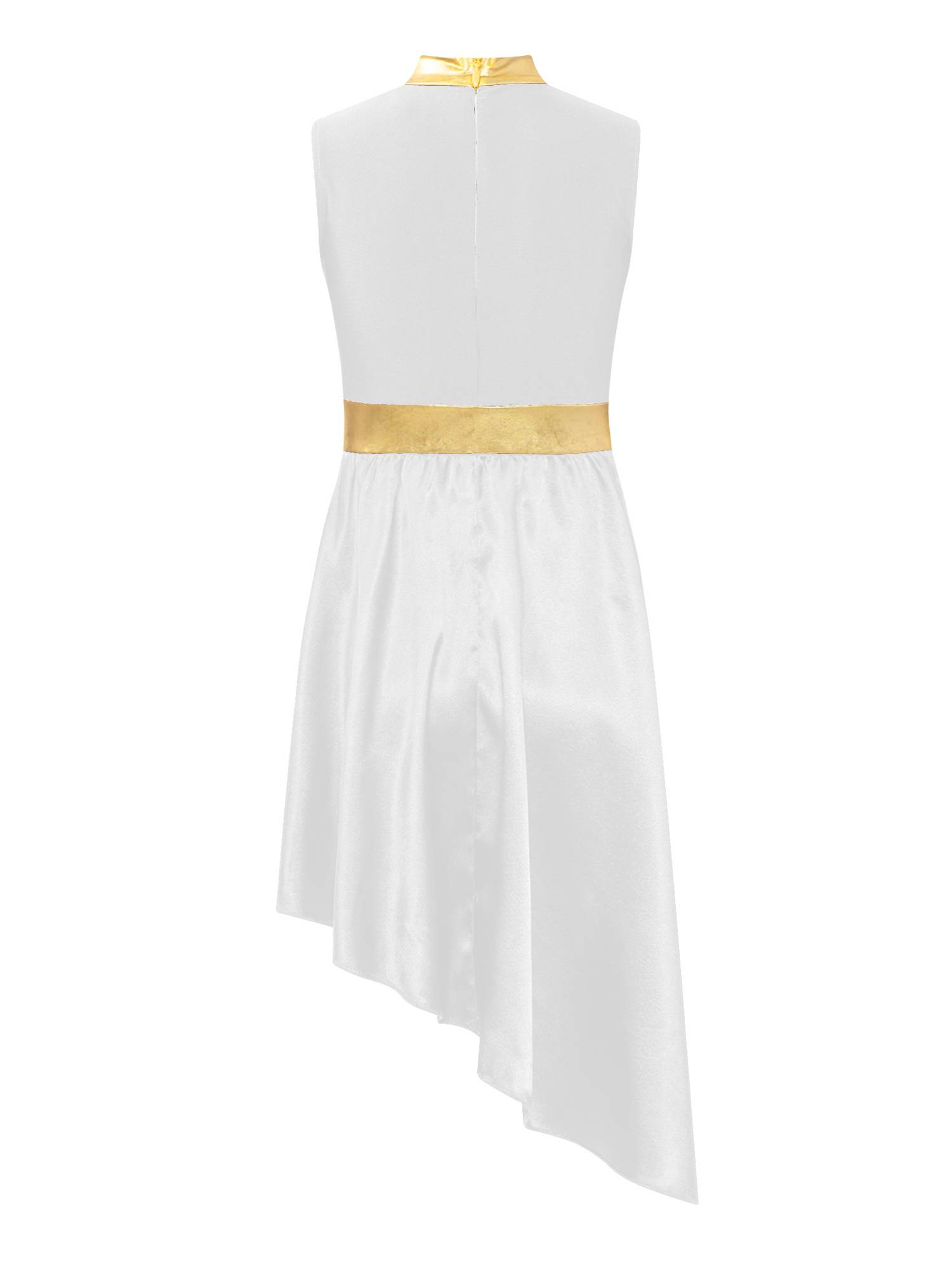 Kids Girls Sleeveless Satin Flowy Asymmetrical Praise Dance Dress