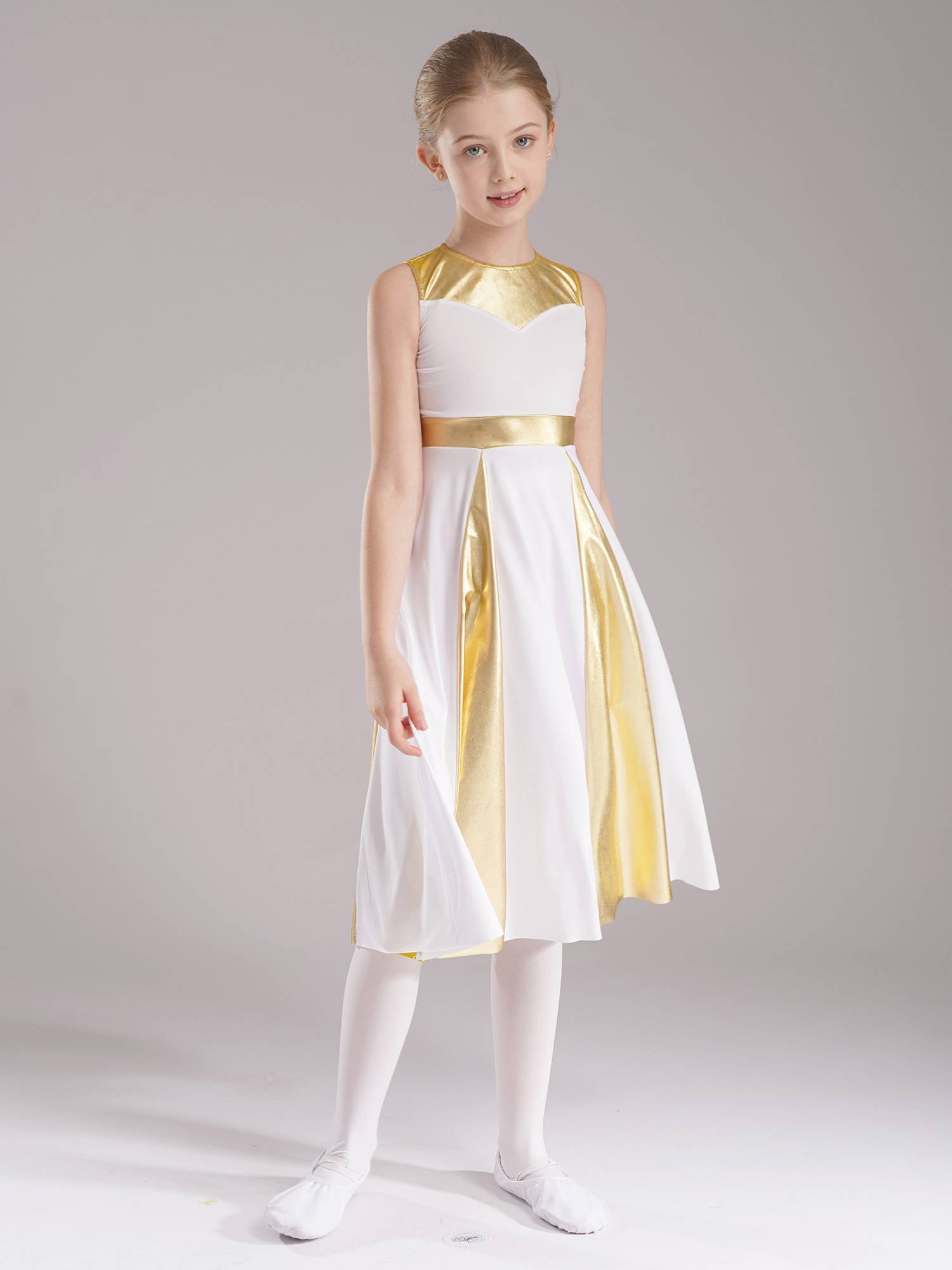 Kids Girls Sleeveless Metallic Color Block A-line Worship Dance Dress