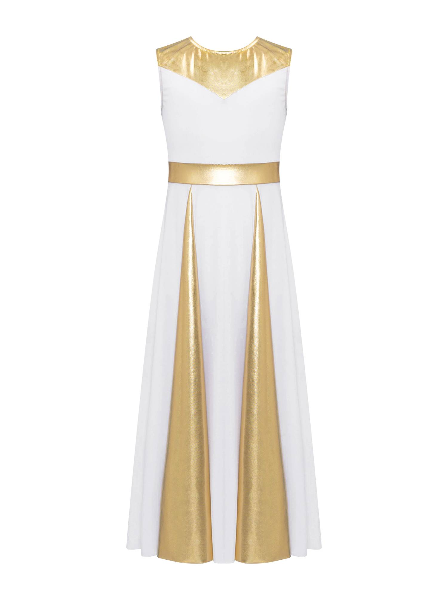 Kids Girls Sleeveless Metallic Color Block A-line Worship Dance Dress