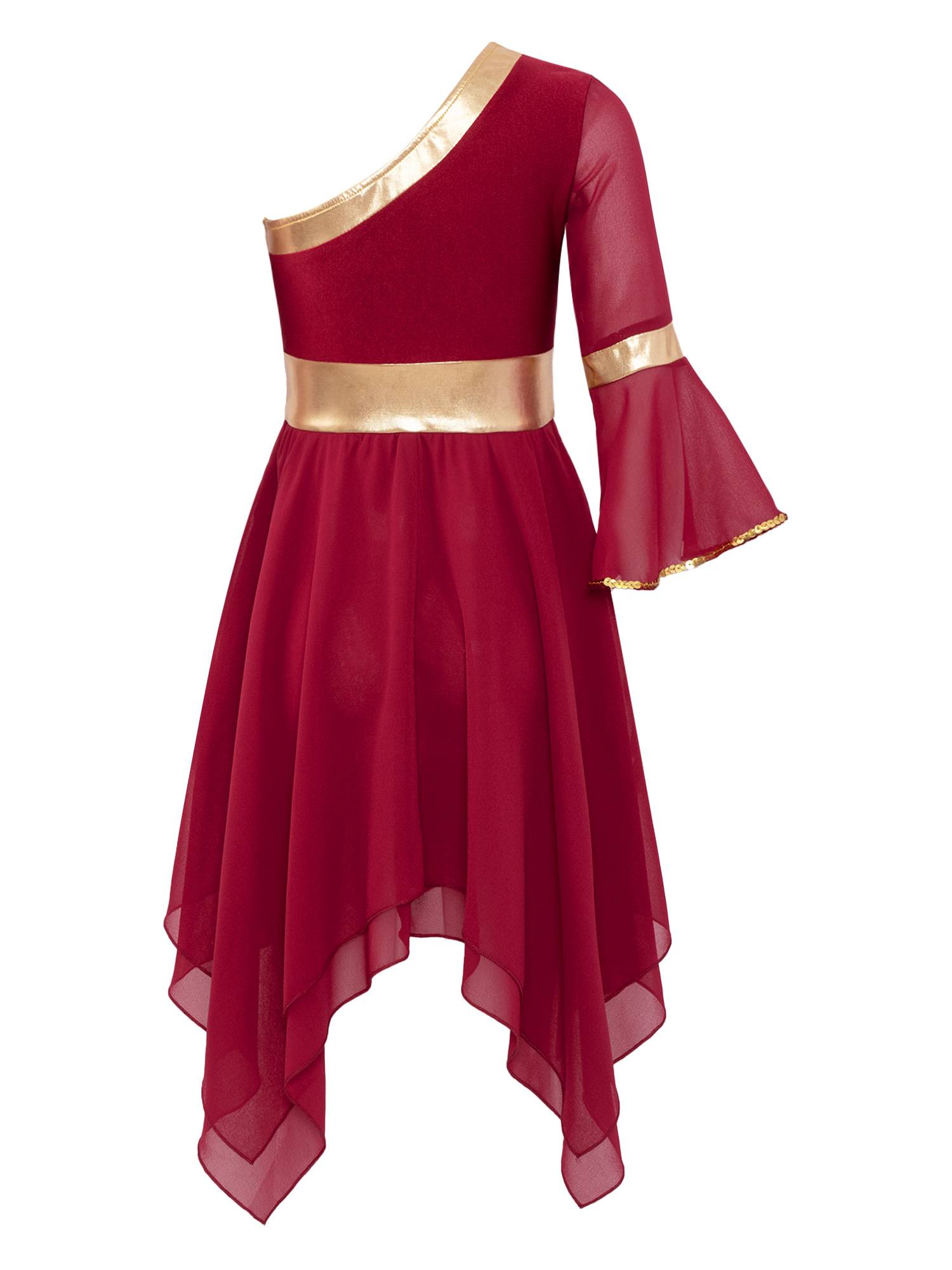 Kids Girls One Shoulder Metallic Asymmetrical Chiffon Praise Dance Dress