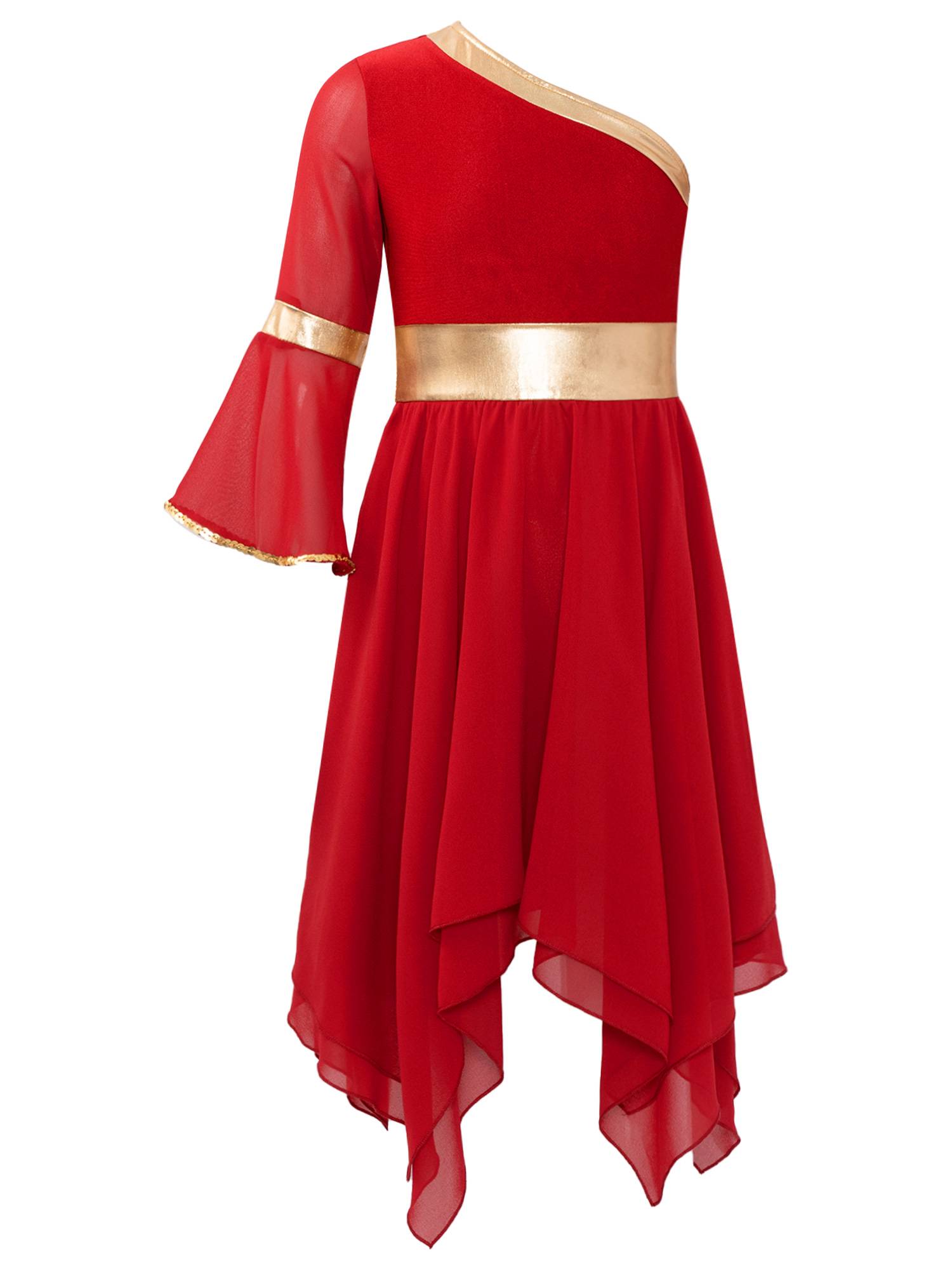 Kids Girls One Shoulder Metallic Asymmetrical Chiffon Praise Dance Dress