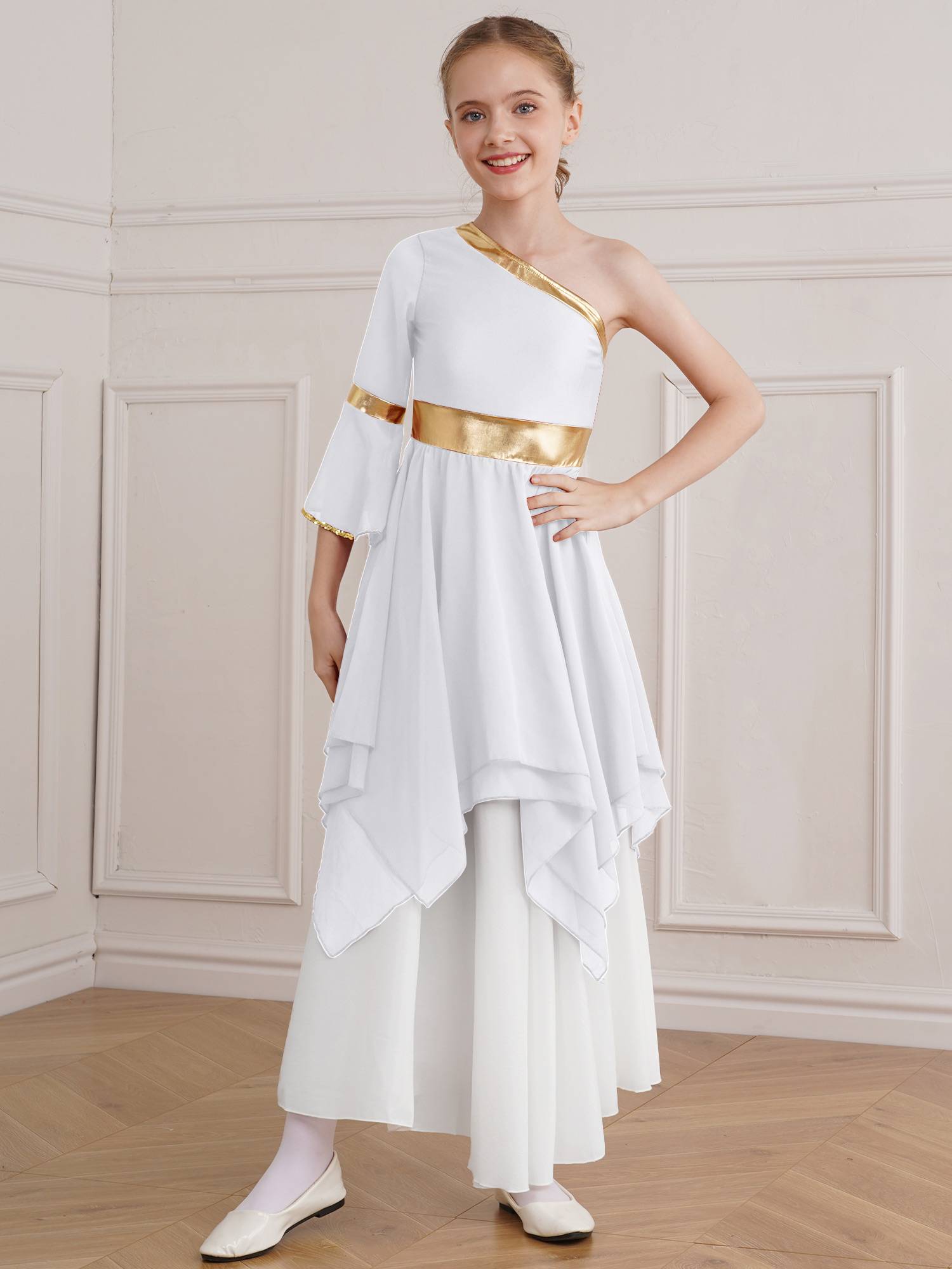 Kids Girls One Shoulder Metallic Asymmetrical Chiffon Praise Dance Dress