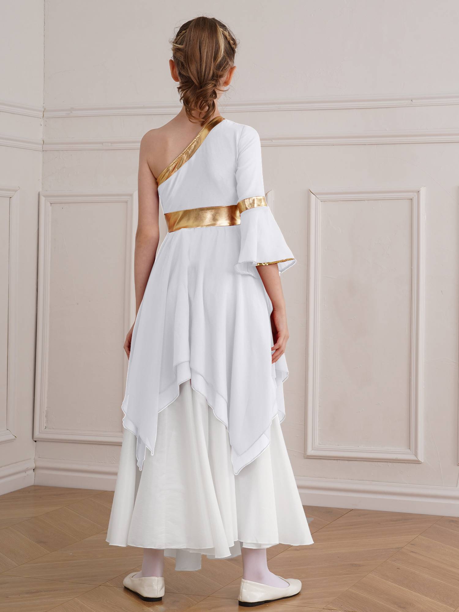 Kids Girls One Shoulder Metallic Asymmetrical Chiffon Praise Dance Dress