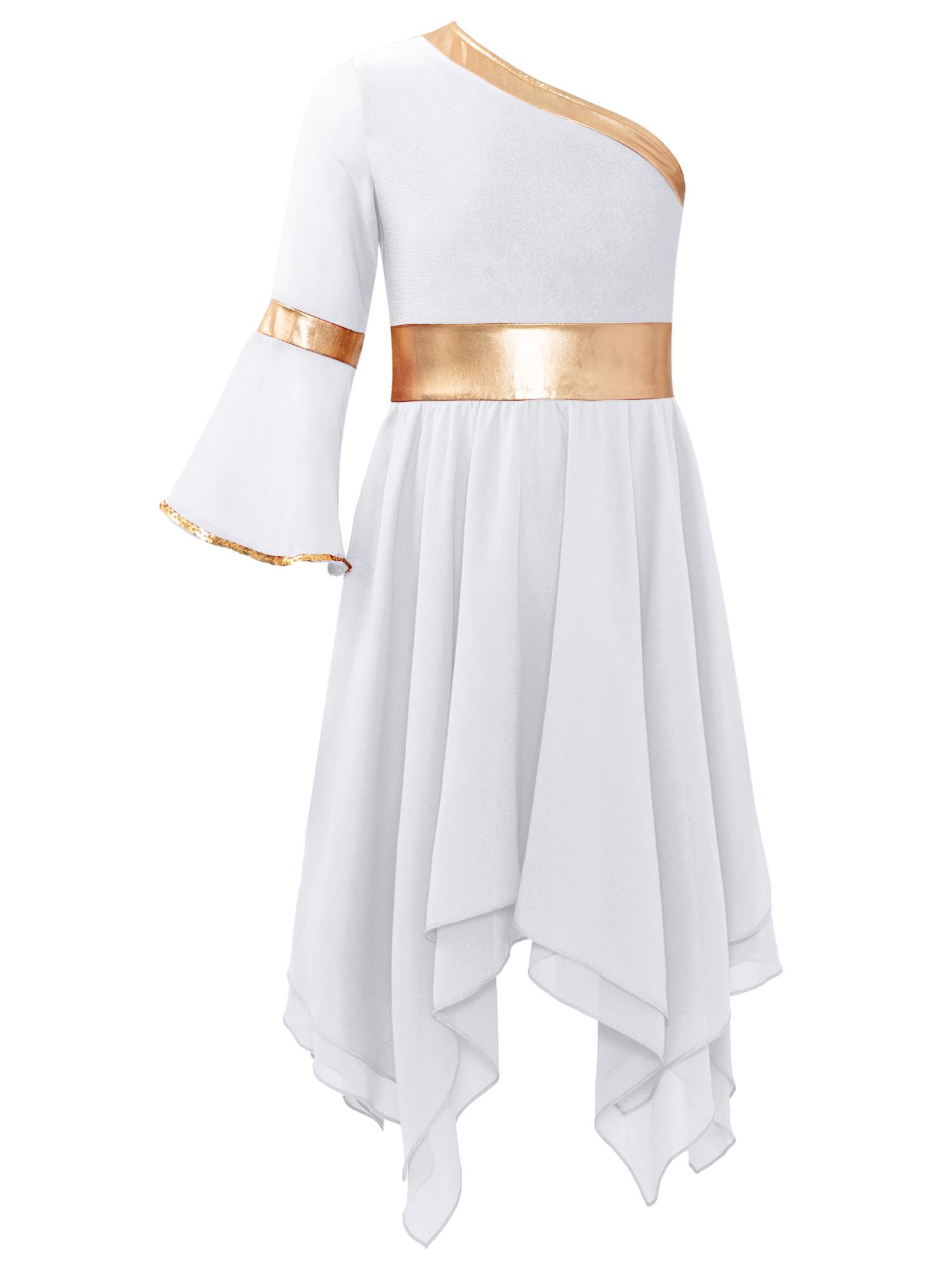 Kids Girls One Shoulder Metallic Asymmetrical Chiffon Praise Dance Dress