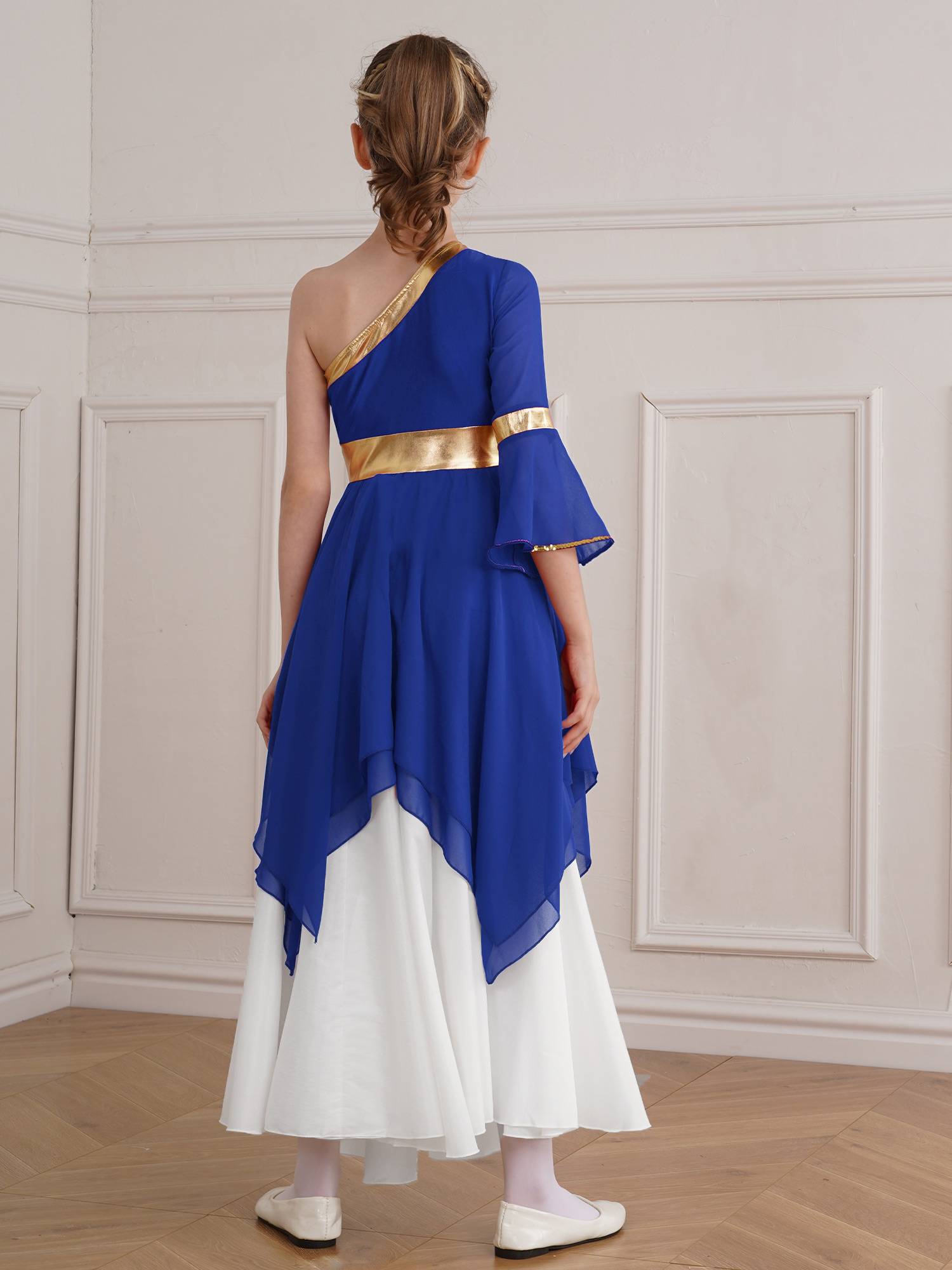 Kids Girls One Shoulder Metallic Asymmetrical Chiffon Praise Dance Dress