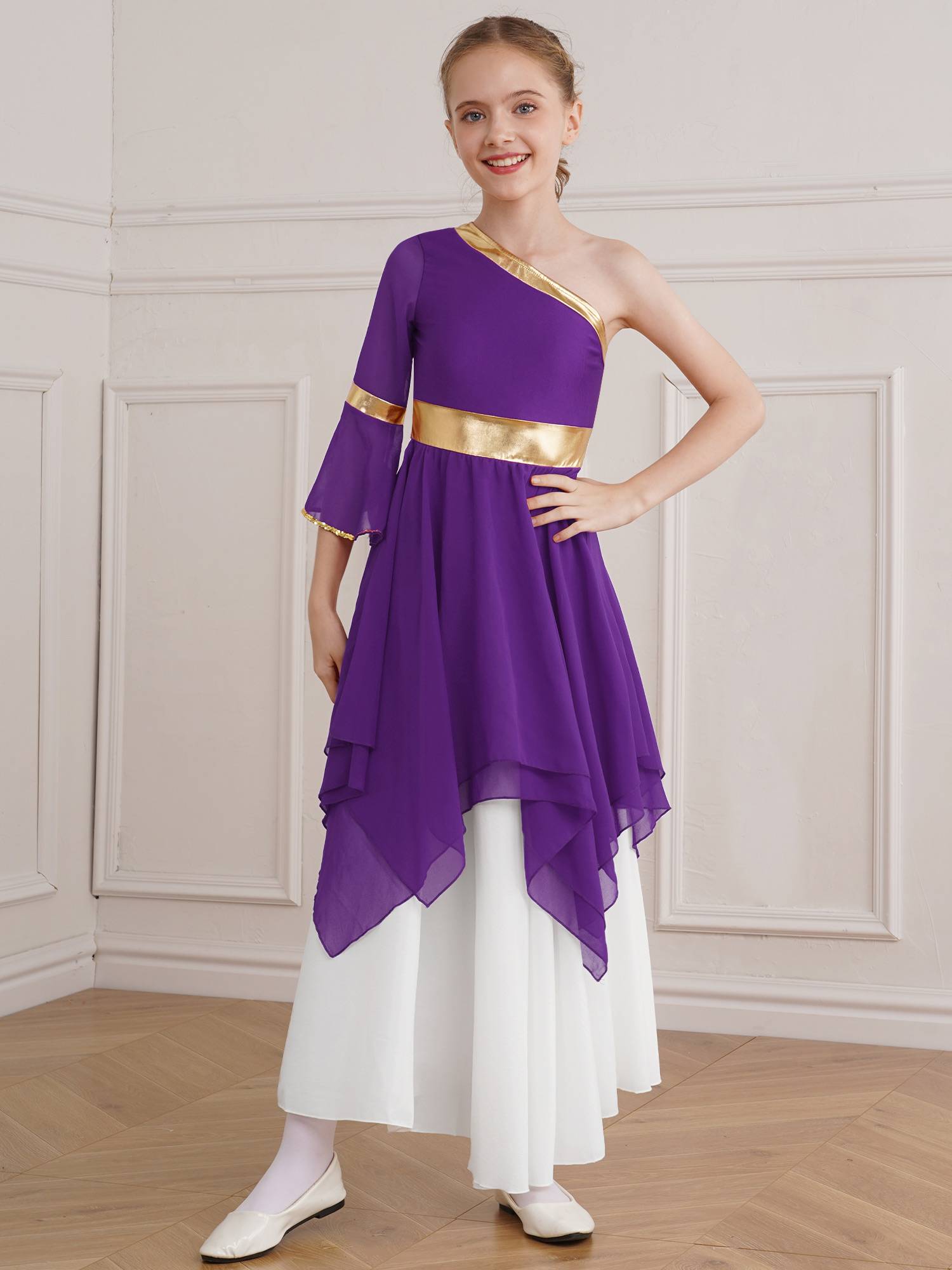 Kids Girls One Shoulder Metallic Asymmetrical Chiffon Praise Dance Dress