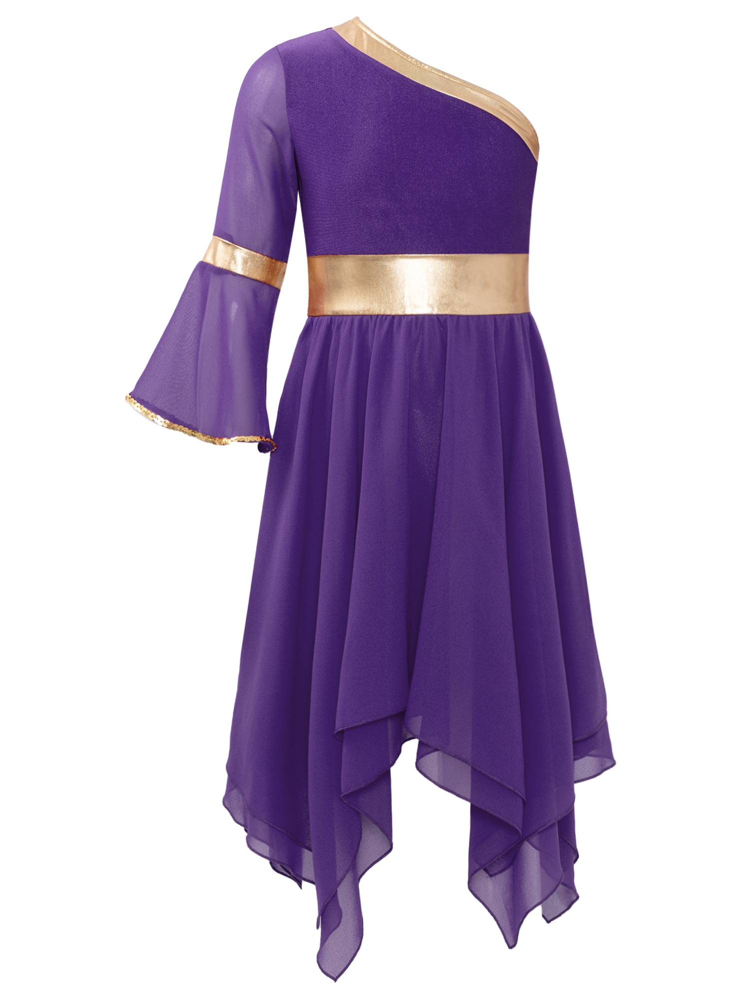 Kids Girls One Shoulder Metallic Asymmetrical Chiffon Praise Dance Dress