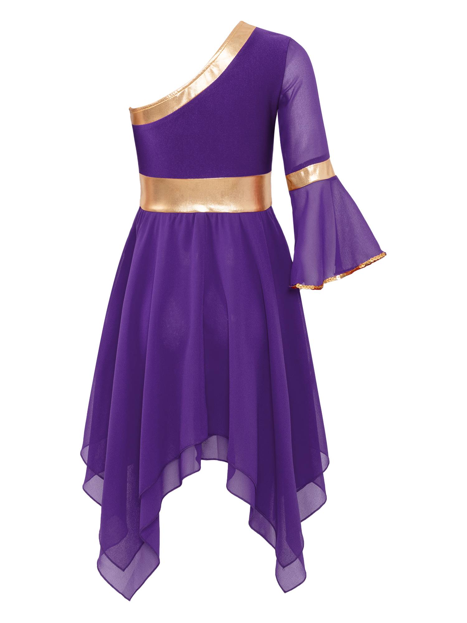 Kids Girls One Shoulder Metallic Asymmetrical Chiffon Praise Dance Dress