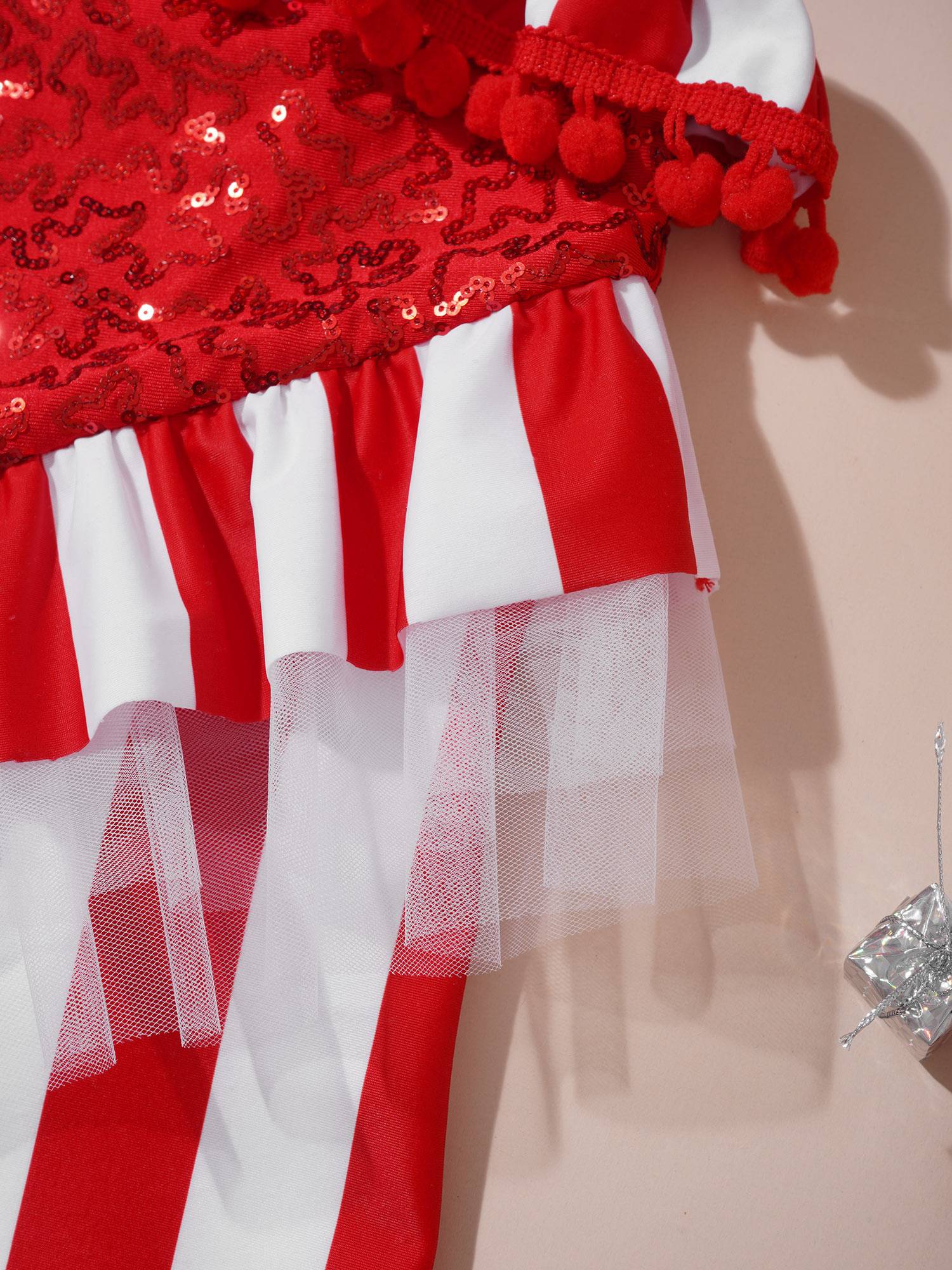 Kids Girls Christmas Asymmetric Shoulder Sleeveless Striped Sequins Romper