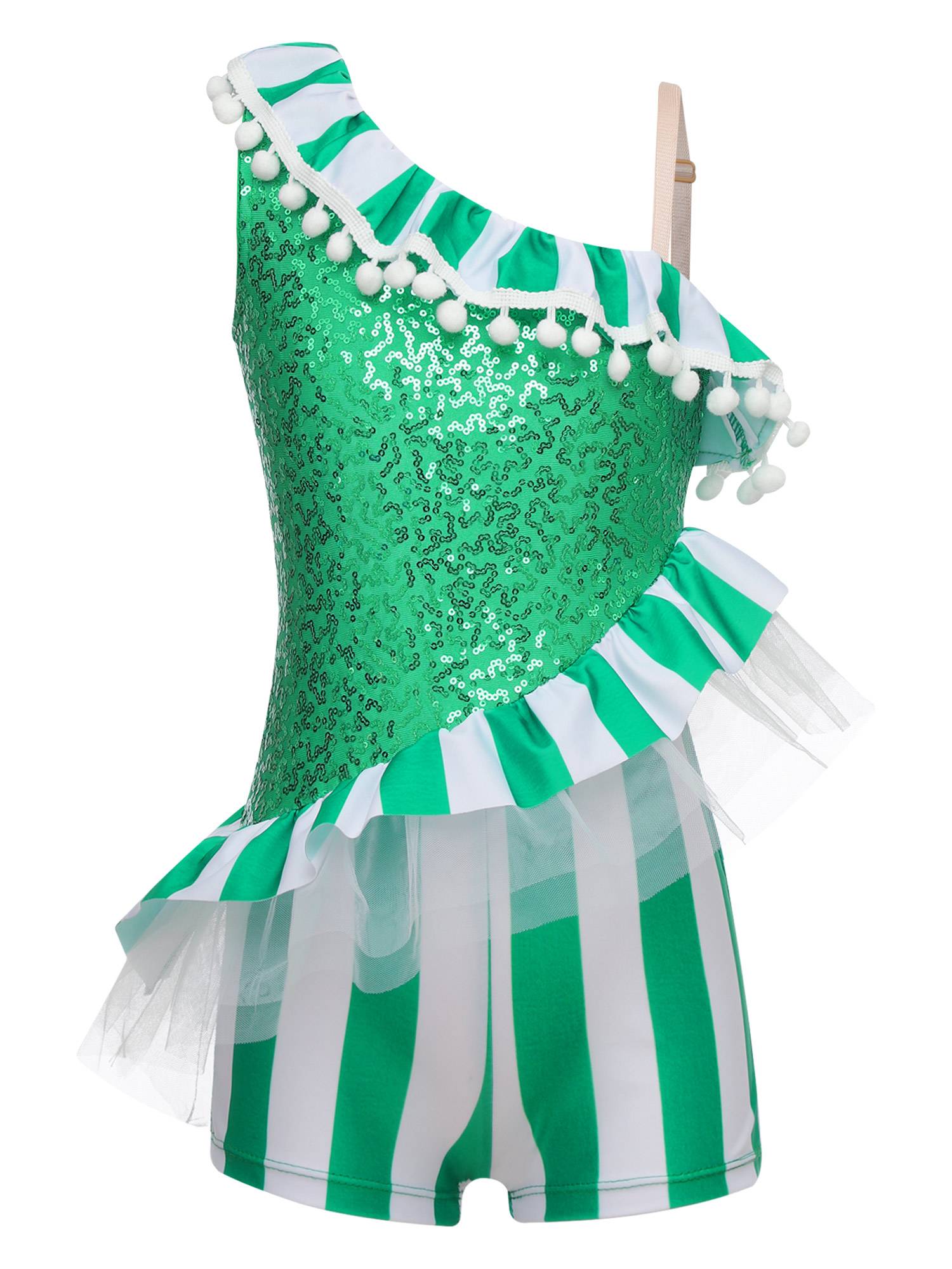 Kids Girls Christmas Asymmetric Shoulder Sleeveless Striped Sequins Romper