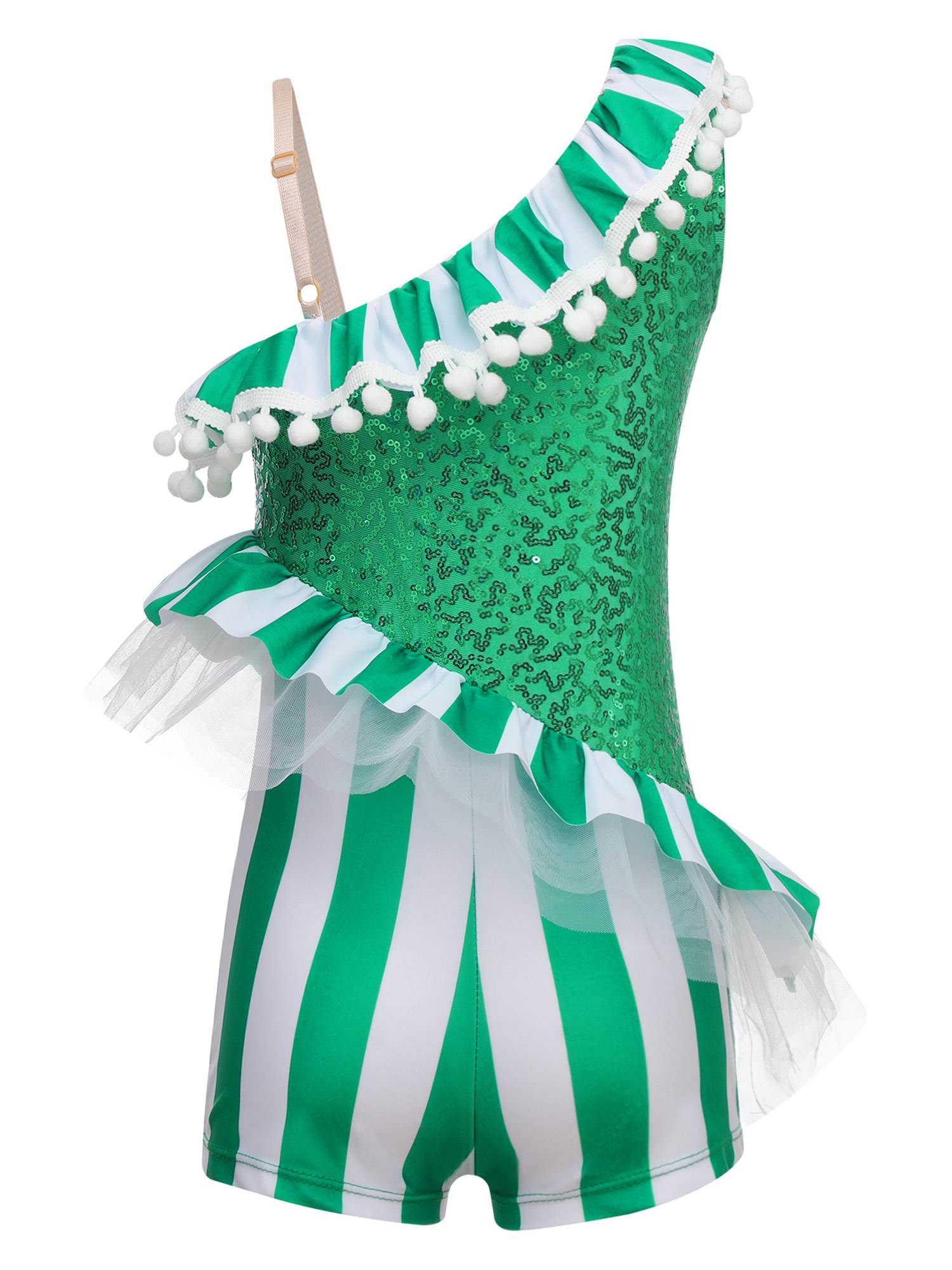 Kids Girls Christmas Asymmetric Shoulder Sleeveless Striped Sequins Romper