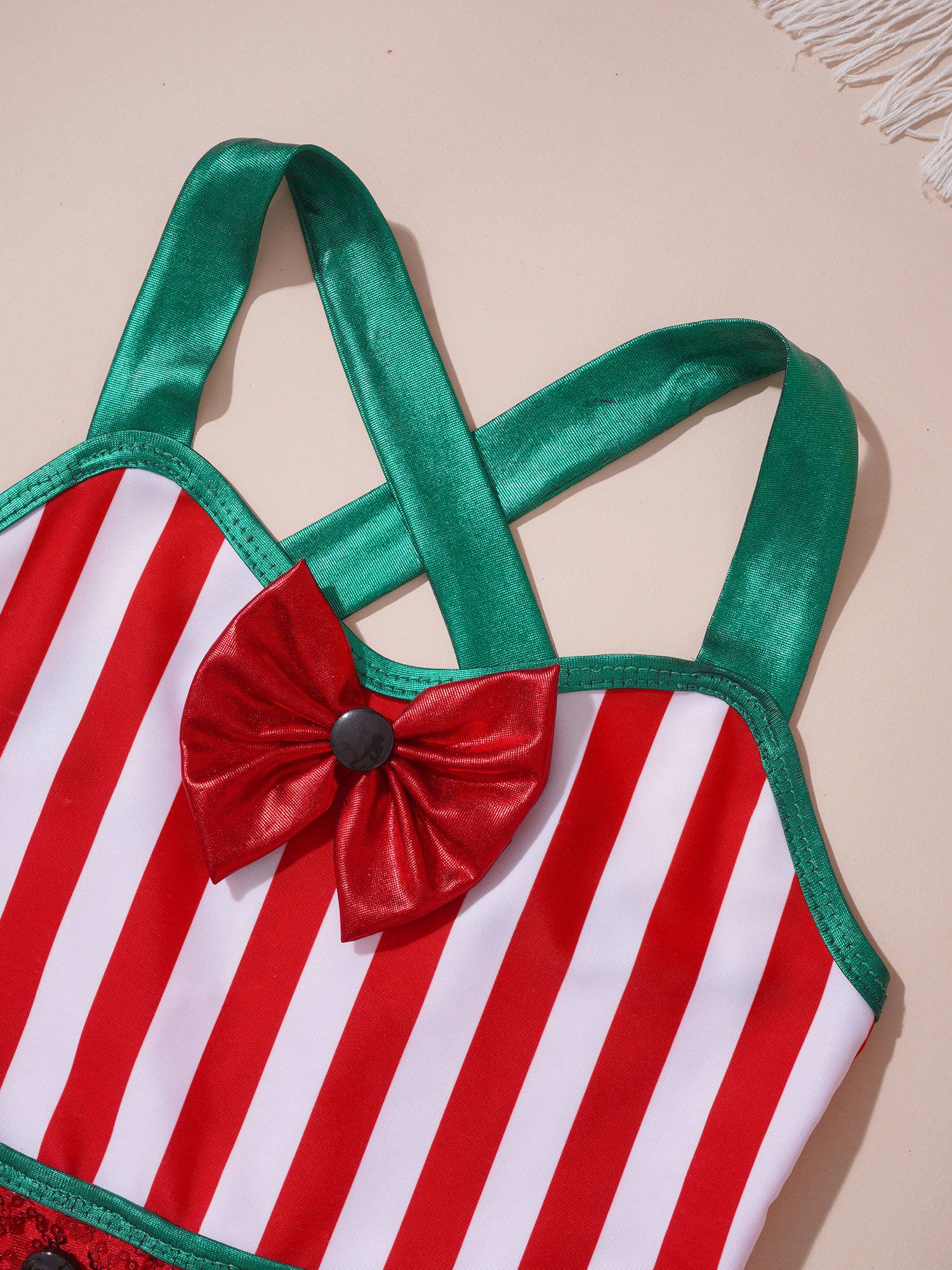 Kids Girls Cross Straps Stripes Sequins Bowknot Christmas Romper