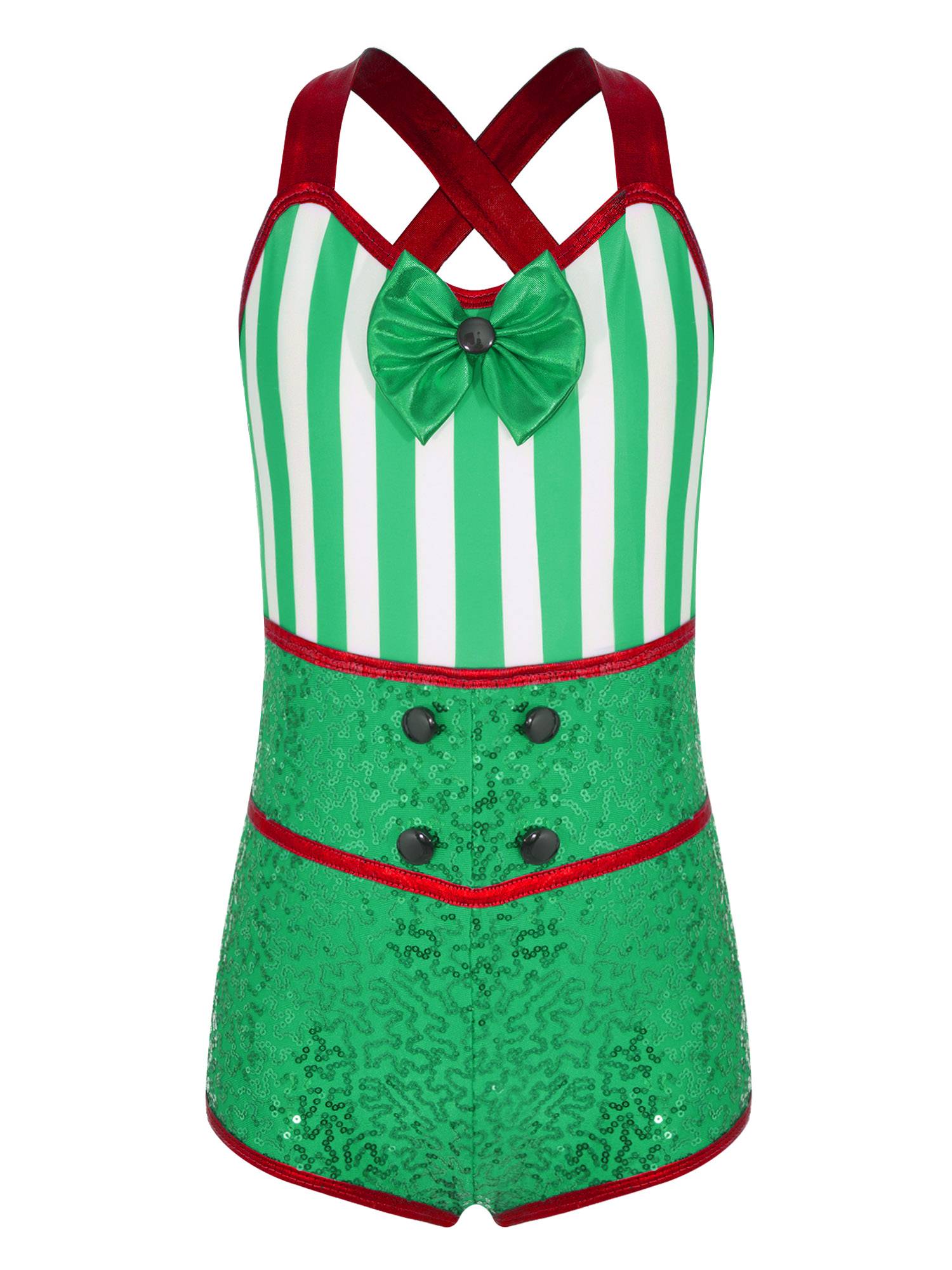 Kids Girls Cross Straps Stripes Sequins Bowknot Christmas Romper