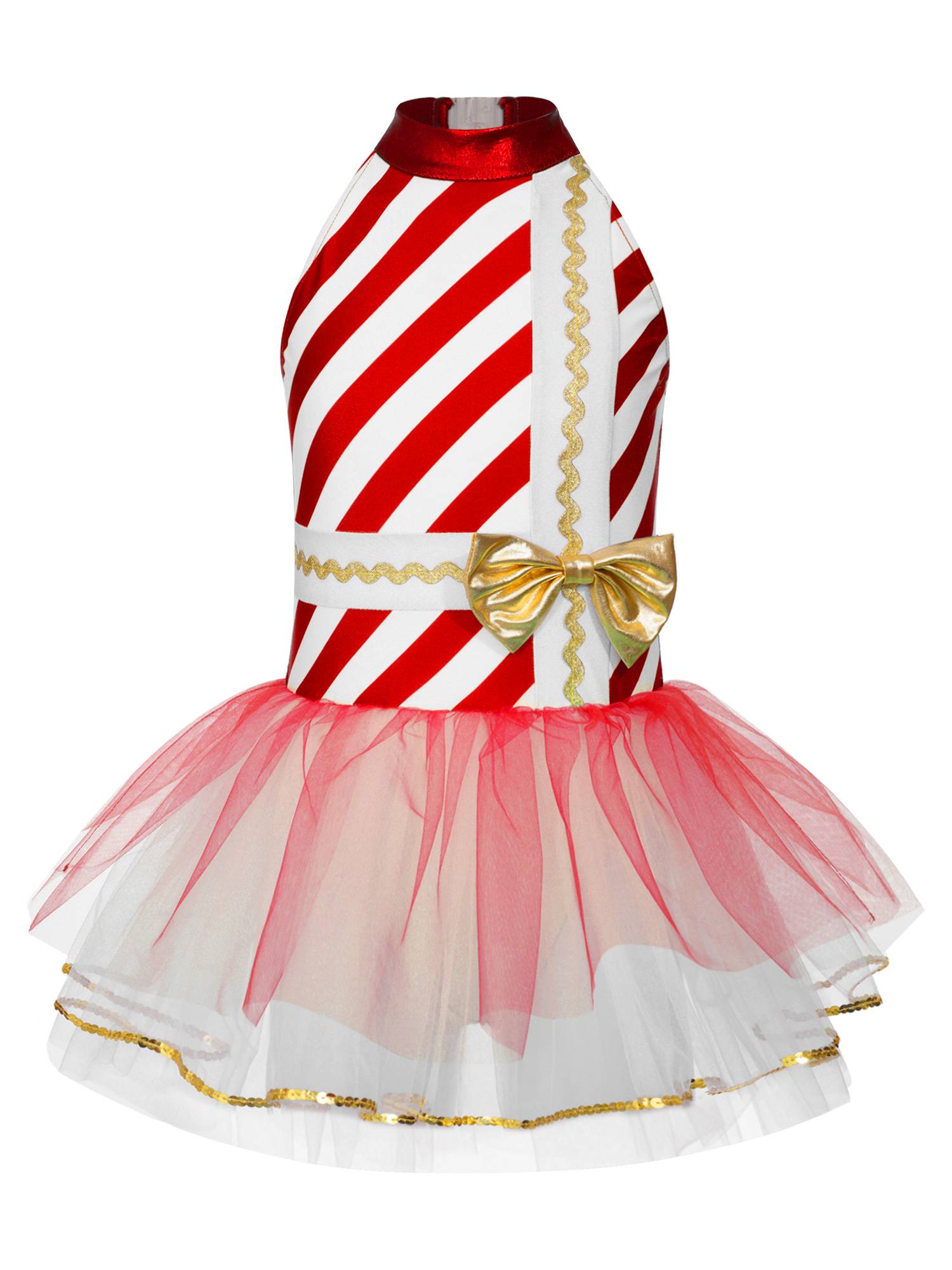 Kids Girls Christmas Sleeveless Halter Neck Striped Tutu Dress