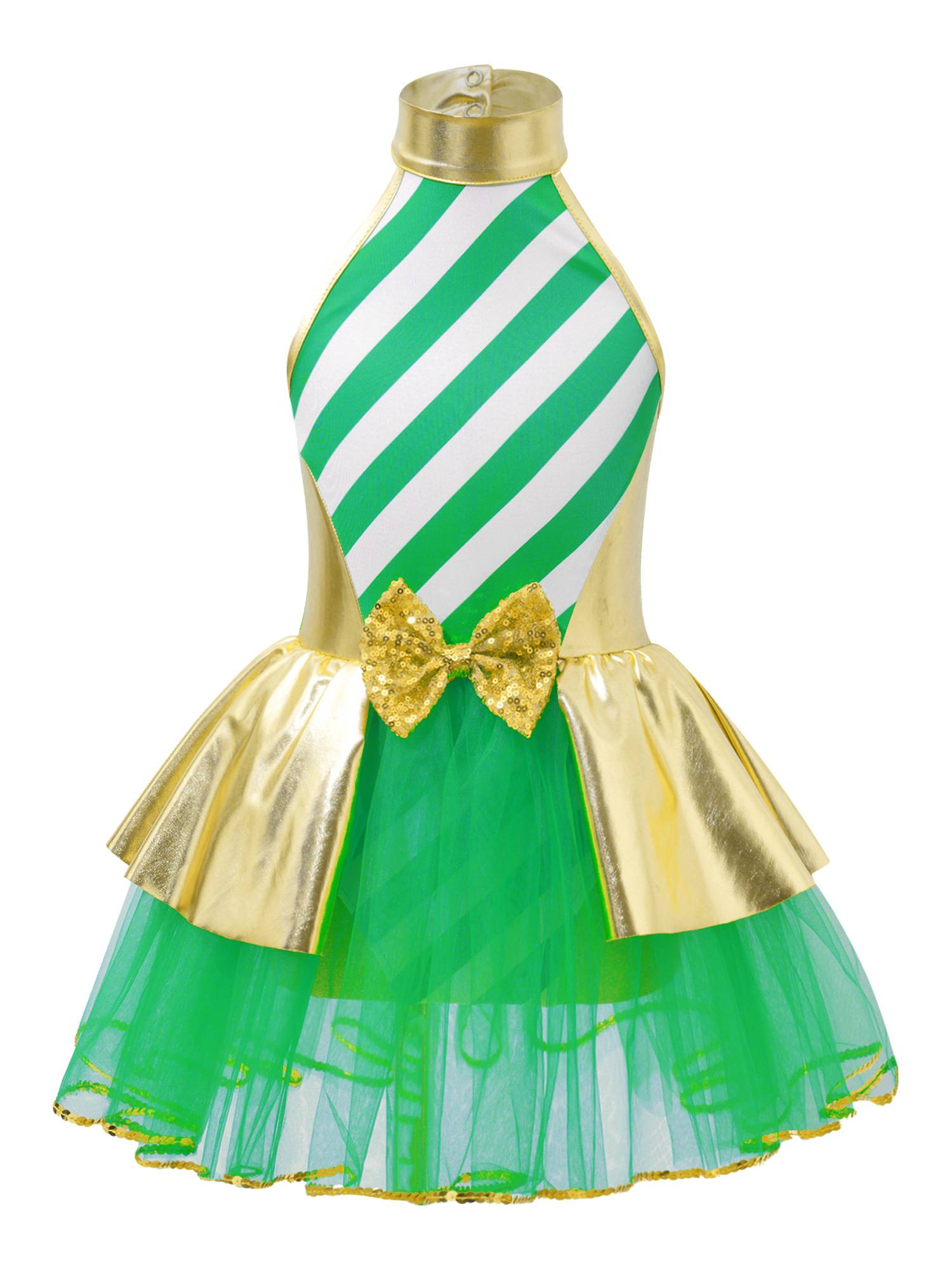 Kids Girls Christmas Metallic Halter Neck Sequin Bow Striped Tutu Dress