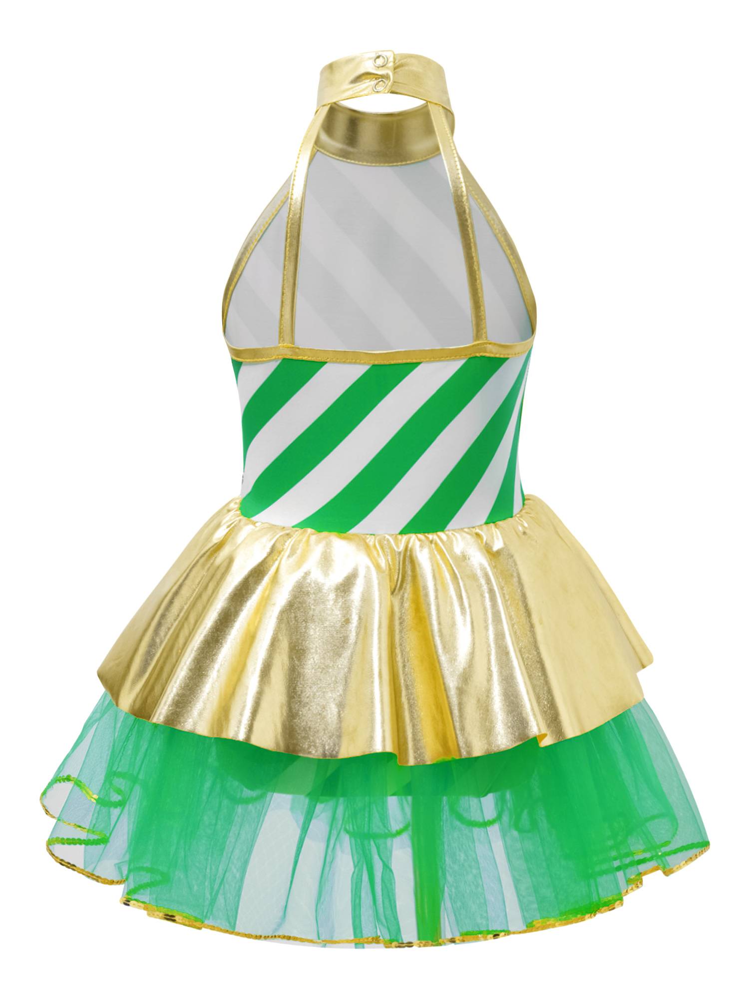 Kids Girls Christmas Metallic Halter Neck Sequin Bow Striped Tutu Dress