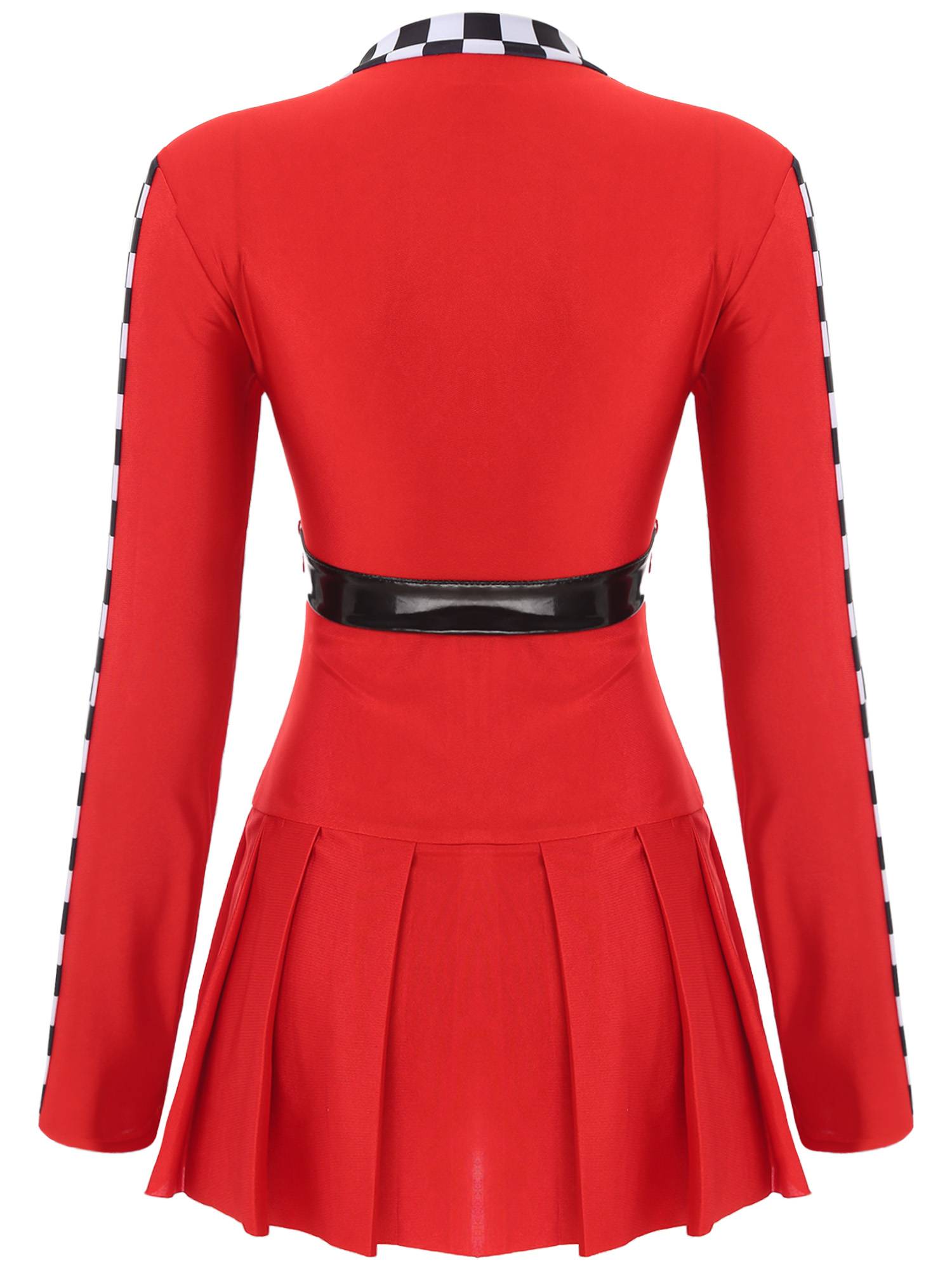 Women Long Sleeve Front Zipper Checkerboard Racer Dress with Belt